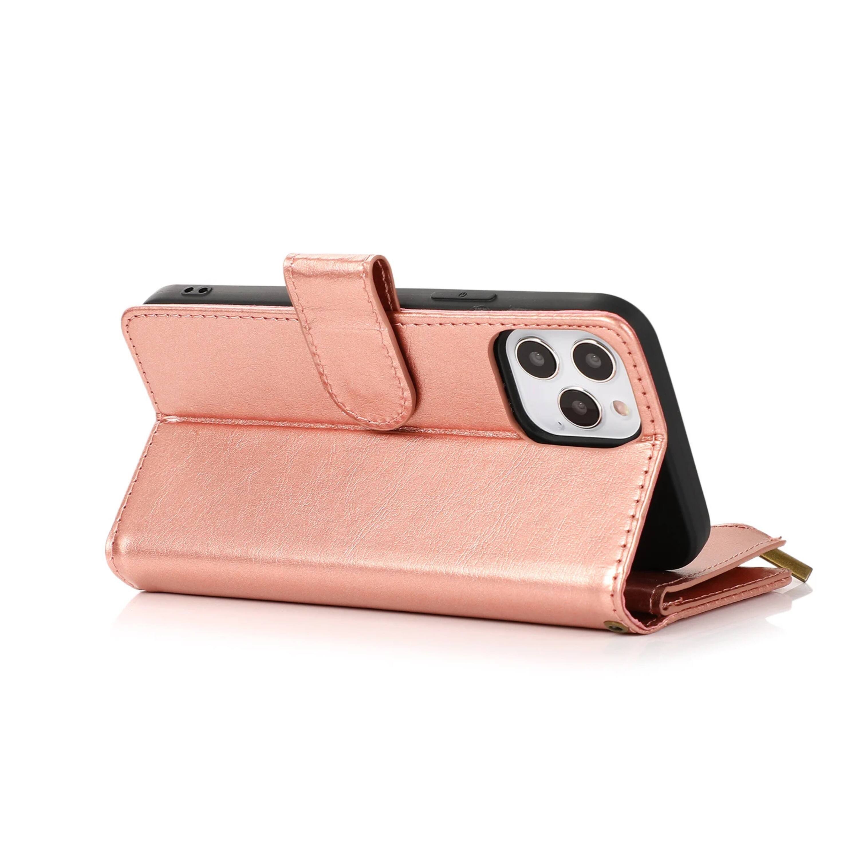 Left. Kitcheniva - Multi Card Zipper Wallet Phone Case With ID Holder And Tempered Glass For iPhone 13 14 Rose Gold - Rose Gold.