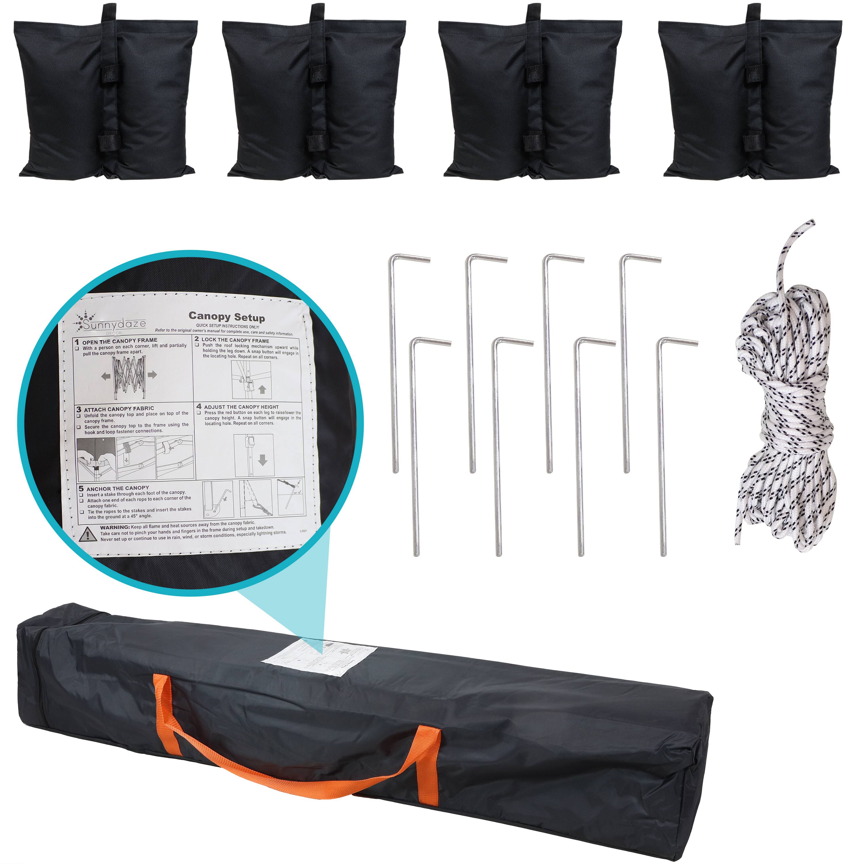 Canopy Setup

1. Open the Canopy Frame
   - Pull the canopy frame partially out of the bag.
   - Push the canopy frame all the way out of the bag.

2. Lock the Canopy Frame
   - Lock the canopy frame by sliding the locking pin into the slot on the frame.

3. Attach the Canopy Fabric
   - Attach the canopy fabric to the frame by inserting the fabric into the grommets on the frame.
   - Secure the canopy fabric by pulling the fabric tight and securing it to the frame.

4. Adjust the Canopy
   - Adjust the canopy by pulling the fabric tight and securing it to the frame.

5. Anchor the Canopy
   - Anchor the canopy by securing the stakes to the ground.
   - Use the ground stakes to secure the canopy to the ground.

Note: Use caution when setting up the canopy. Ensure the canopy is properly secured to the ground to prevent it from collapsing.