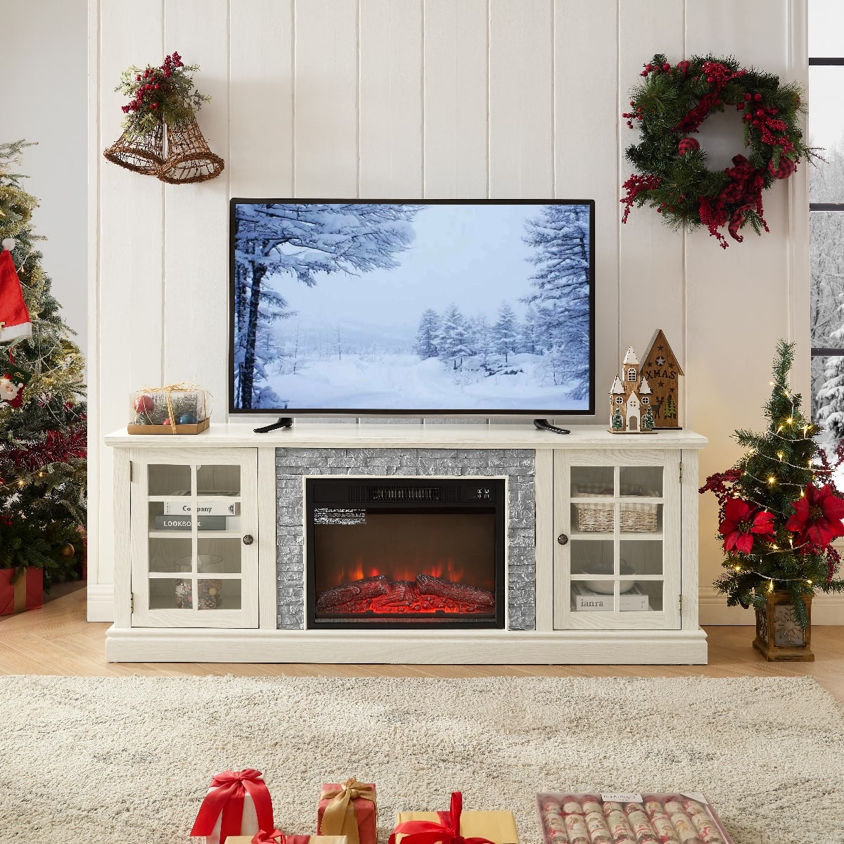 Loheer - 70 inch tv stand with fireplace, Faux Stone Media Console for TVs up to 75" - White