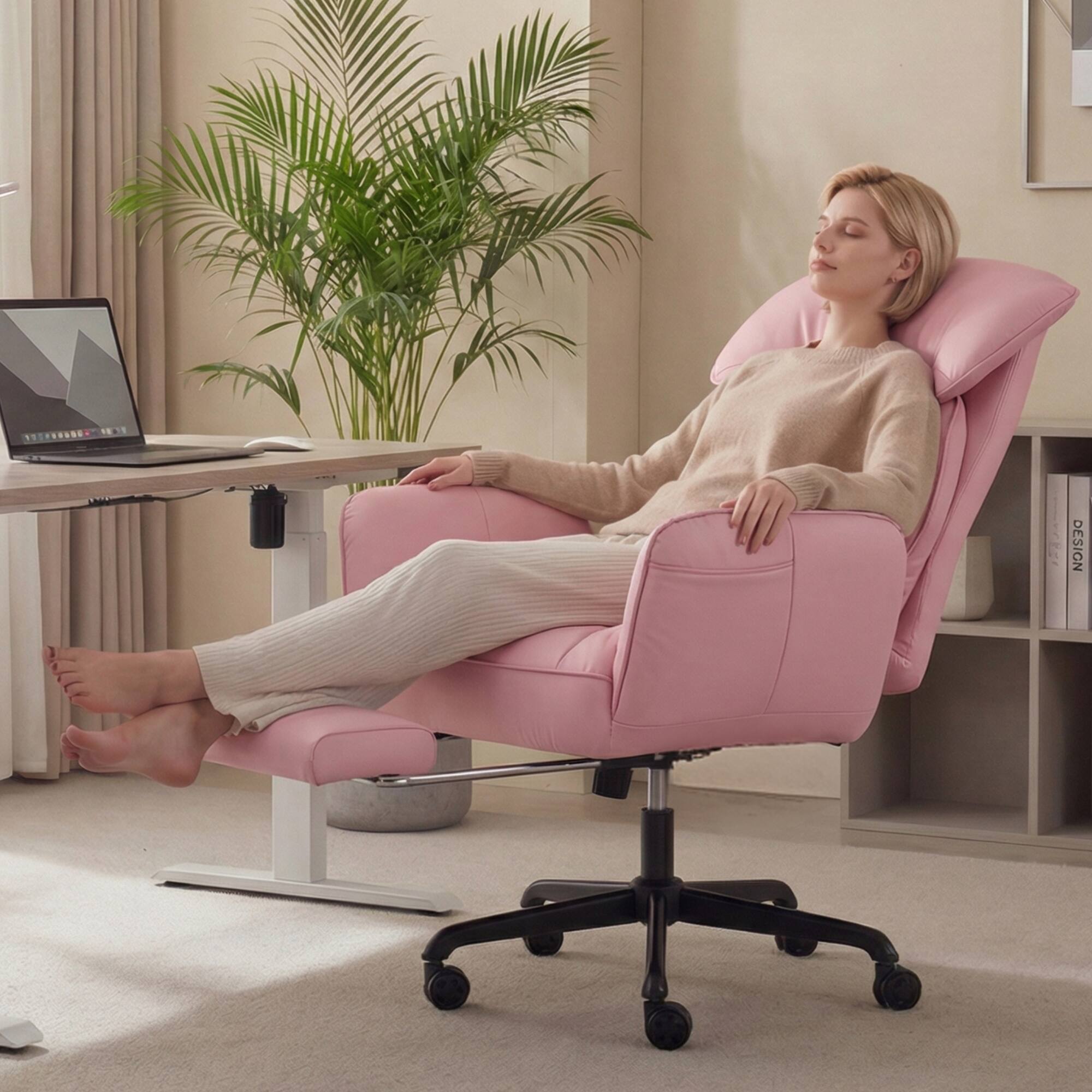Alt View 3. Dowinx - Cross Legged Office Chair with Pivoting Armrests,Criss Cross Chair with Footrest and Reclining Backrest - Pink.