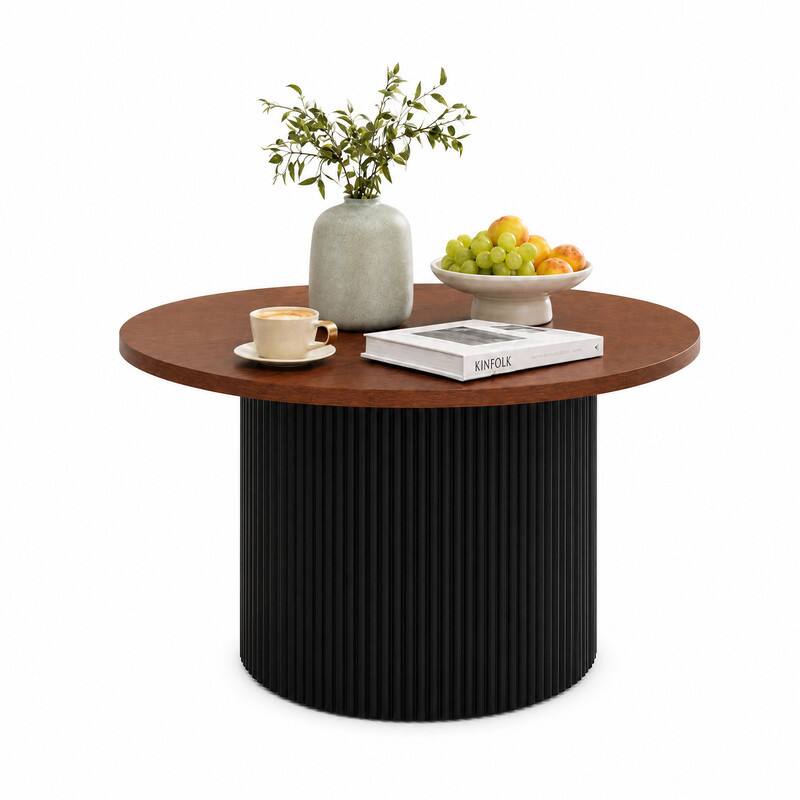 Alt View 3. WELLFOR - 32 " Modern Round Coffee Table with Solid Wood Frame and Wooden Top, Wooden Center Table for Living Room - Walnut.