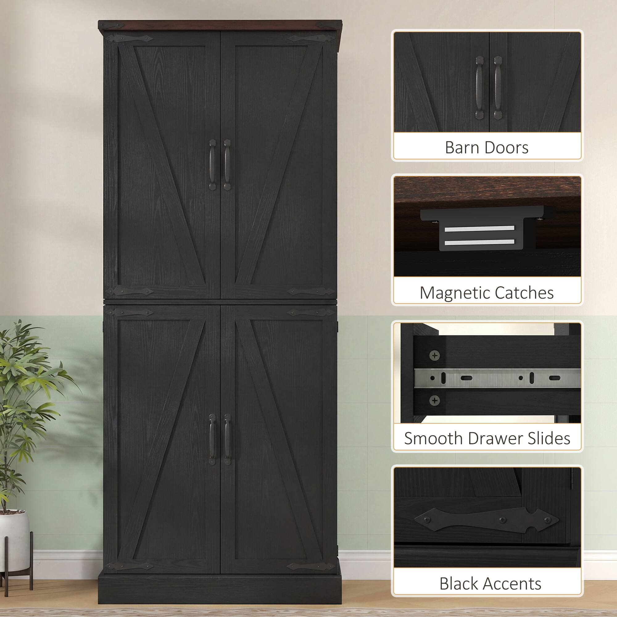 Barn Doors Magnetic Catches + Smooth Drawer Slides Black Accents