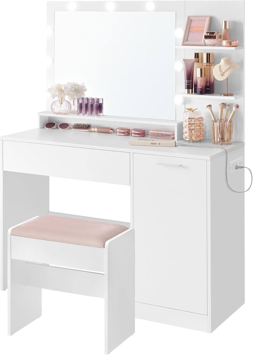 Front. Songmics Home - Makeup Vanity with Mirror LED Lights Upholstered Stool 6 Compartments and 2 Drawers in Cloud White - White.