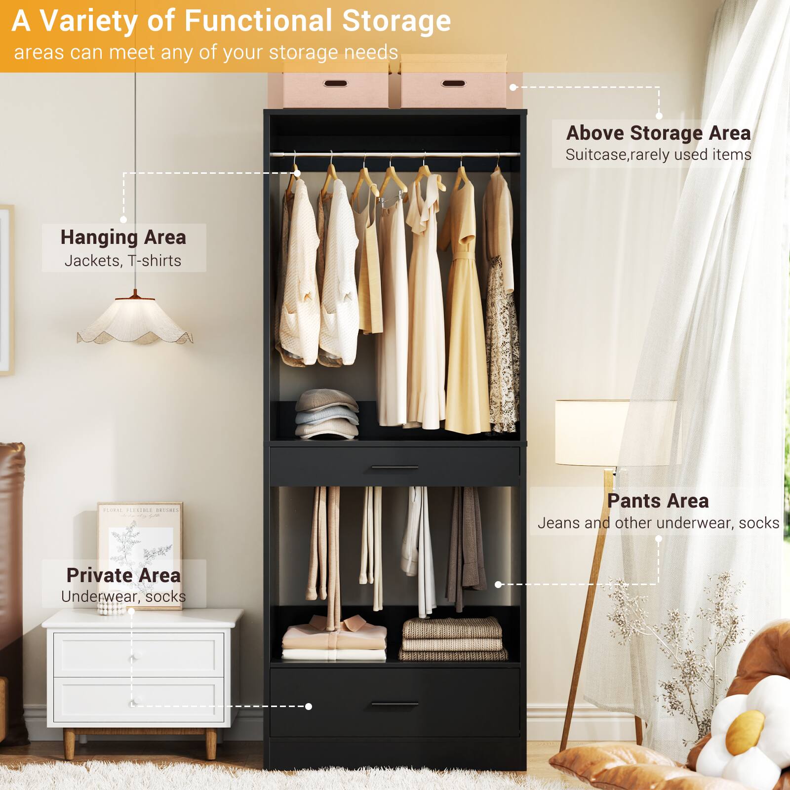 A Variety of Functional Storage areas can meet any of your storage needs

- Above Storage Area
  - Suitcase, rarely used items

- Hanging Area
  - Jackets, T-shirts

- Pants Area
  - Jeans and other underwear, socks

- Private Area
  - Underwear, socks