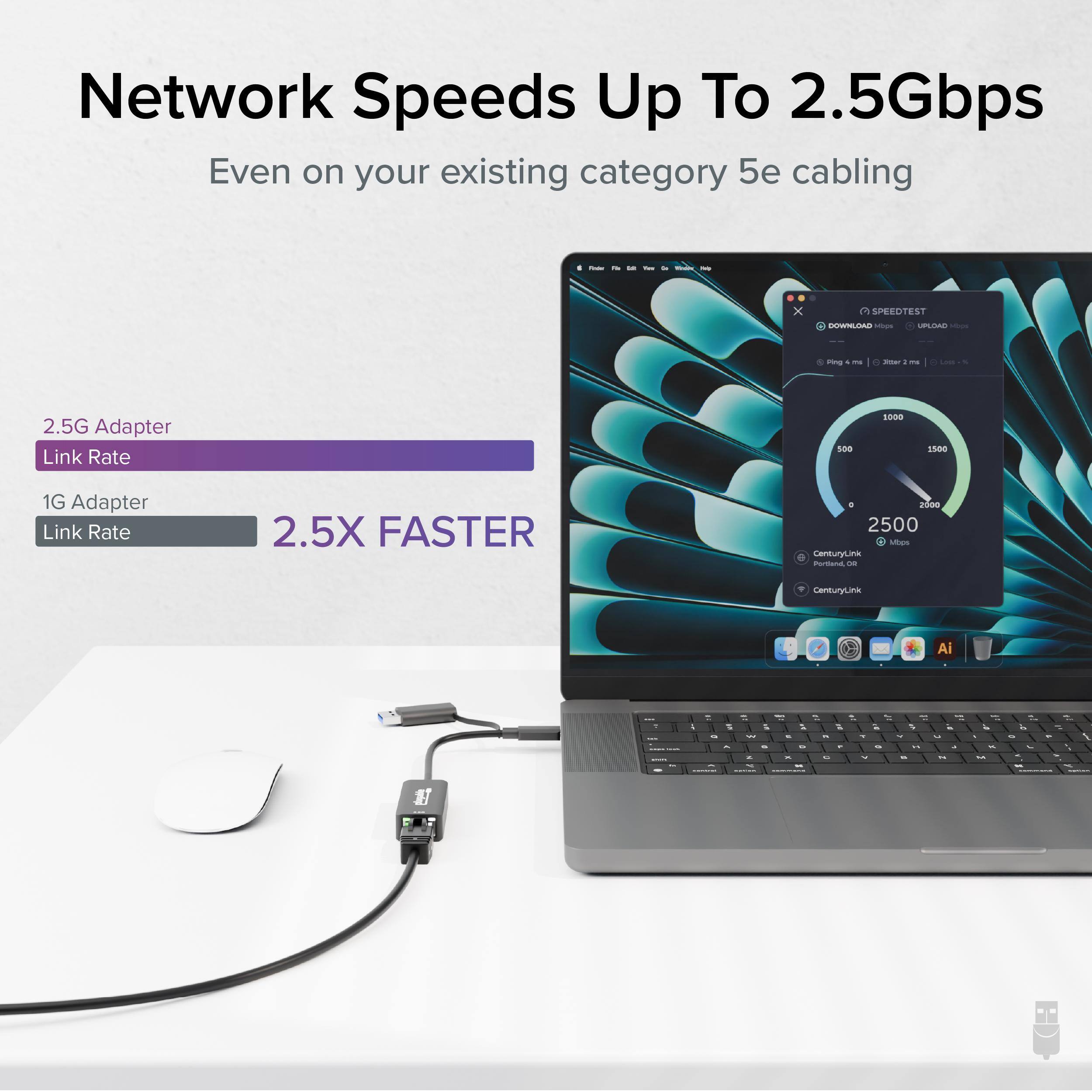 Network Speeds Up To 2.5Gbps  
Even on your existing category 5e cabling  

2.5G Adapter  
Link Rate  

1G Adapter  
Link Rate  
2.5X FASTER  

SPEEDTEST  
DOWNLOAD 2500 Mbps  
UPLOAD 1500 Mbps  

CenturyLink  
CenturyLink