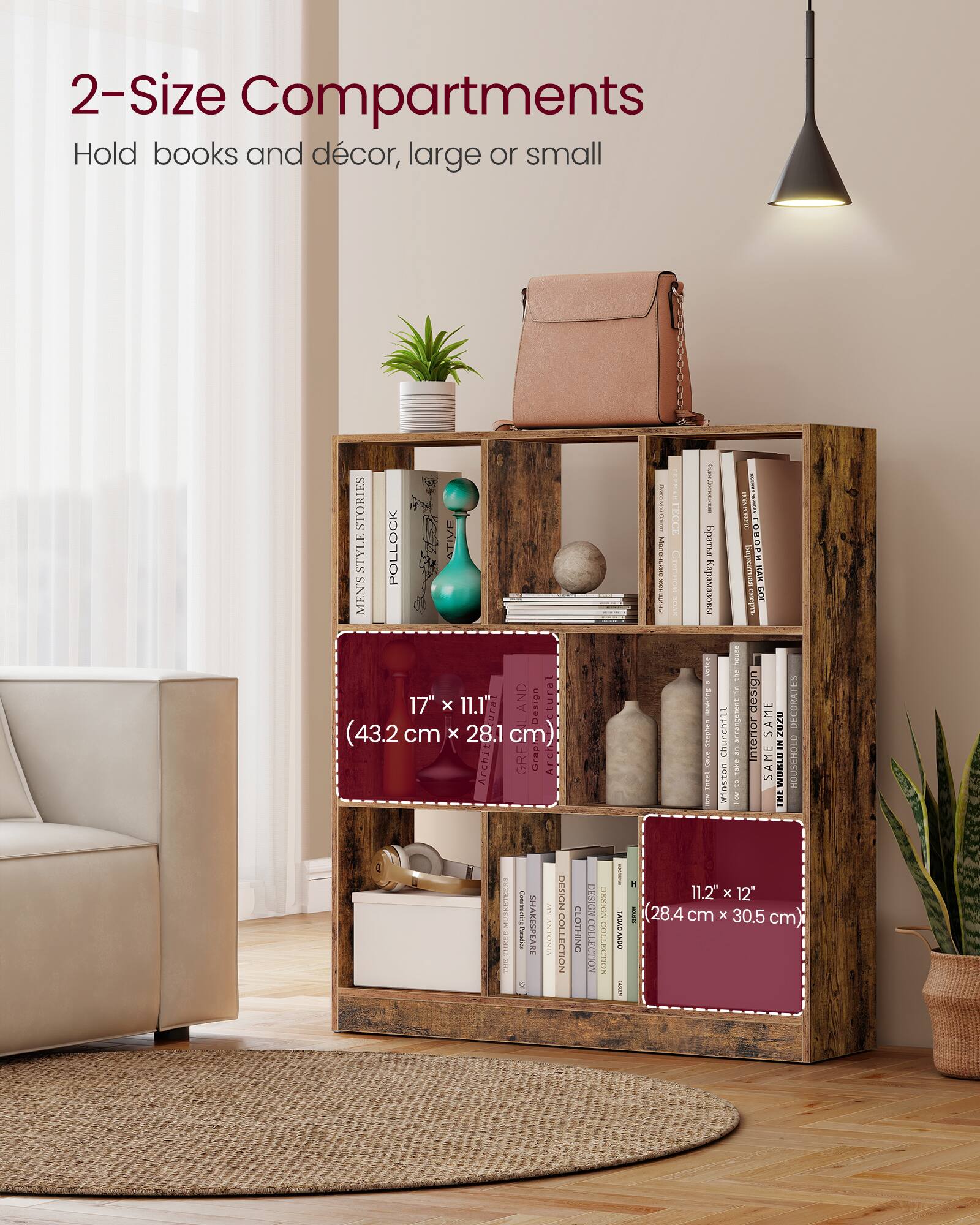 2-Size Compartments  
Hold books and décor, large or small  

17" x 11.1" (43.2 cm x 28.1 cm)  

11.2" x 12" (28.4 cm x 30.5 cm)