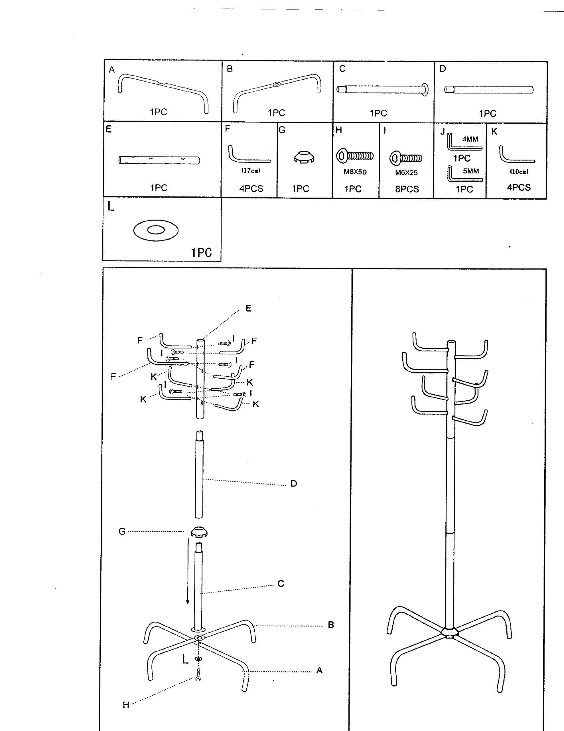 Sure, here is the corrected and grouped text from the image:

---

**Components:**

- A: 1PC
- B: 1PC
- C: 1PC
- D: 1PC
- E: 1PC
- F: 4PCS
- G: 1PC
- H: 1PC
- I: 8PCS
- J: 1PC
- K: 4PCS
- L: 1PC

**Dimensions:**

- F: 10cm
- J: 4MM
- J: 5MM

**Screws:**

- H: M8X50
- I: M6X25

**Assembly:**

- F: 1PC
- K: 1PC
- L: 1PC
- E: 1PC
- F: 1PC
- K: 1PC
- I: 1PC
- F: 1PC
- K: 1PC
- I: 1PC
- F: 1PC
- K: 1PC
- I: 1PC
- F: 1PC
- K