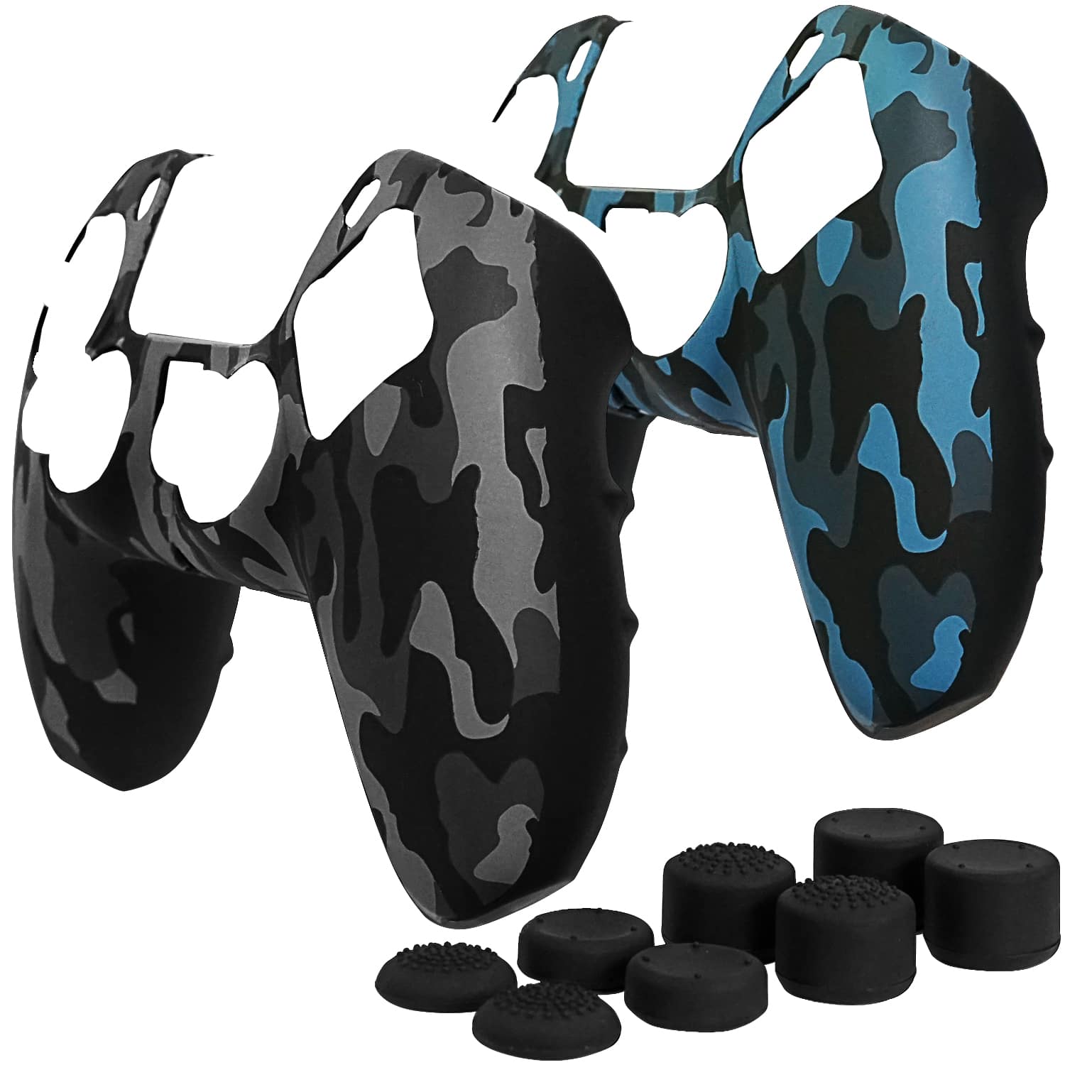 Fosmon - For PS5 Controller Skin with 8pcs PS5 Thumb Grips for PS5 Controller Camo Cover Black + Blue Case + Thumbstick Grips - Multicolored