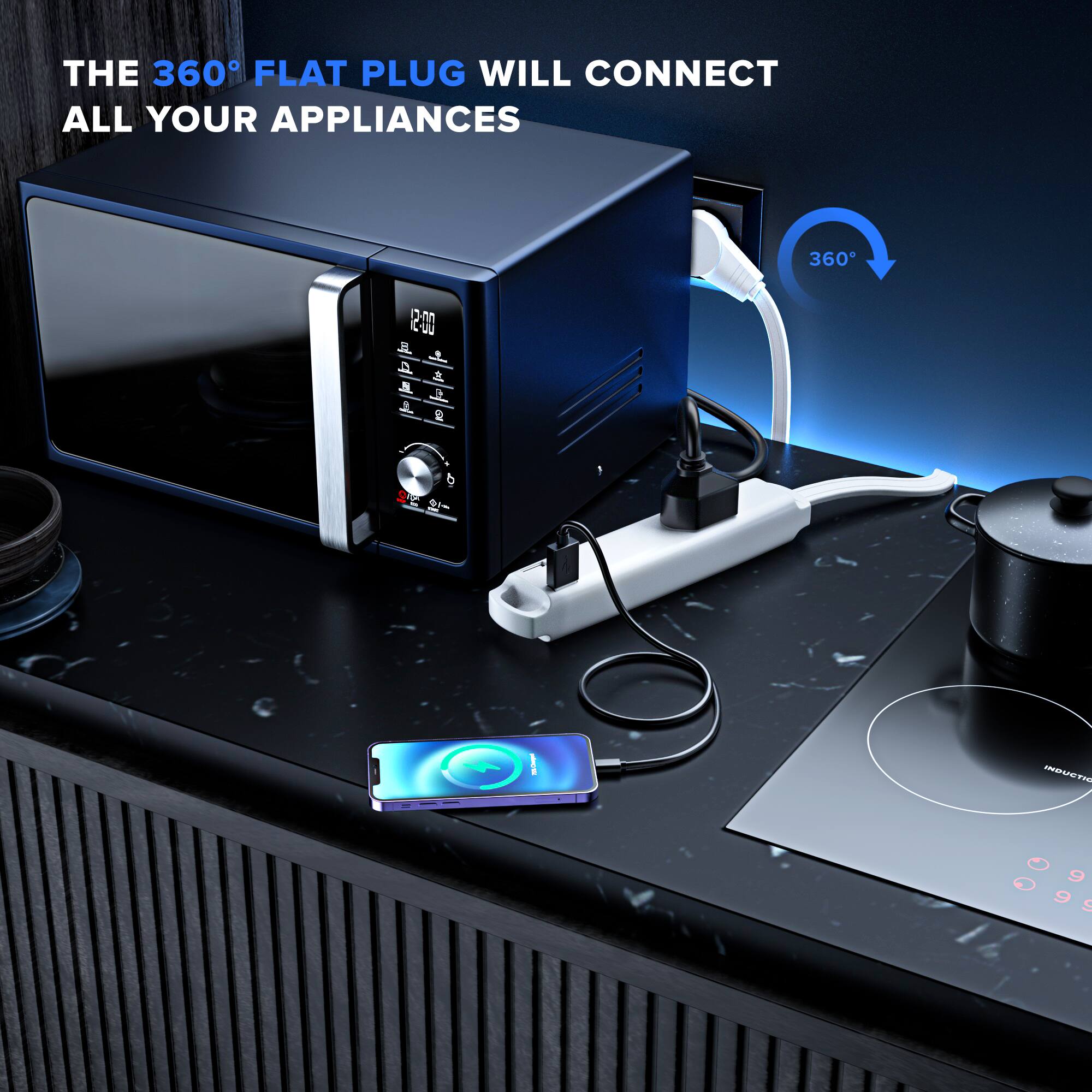 THE 360° FLAT PLUG WILL CONNECT ALL YOUR APPLIANCES 360° 2:00 AL & N b a  SC INDUCTIC