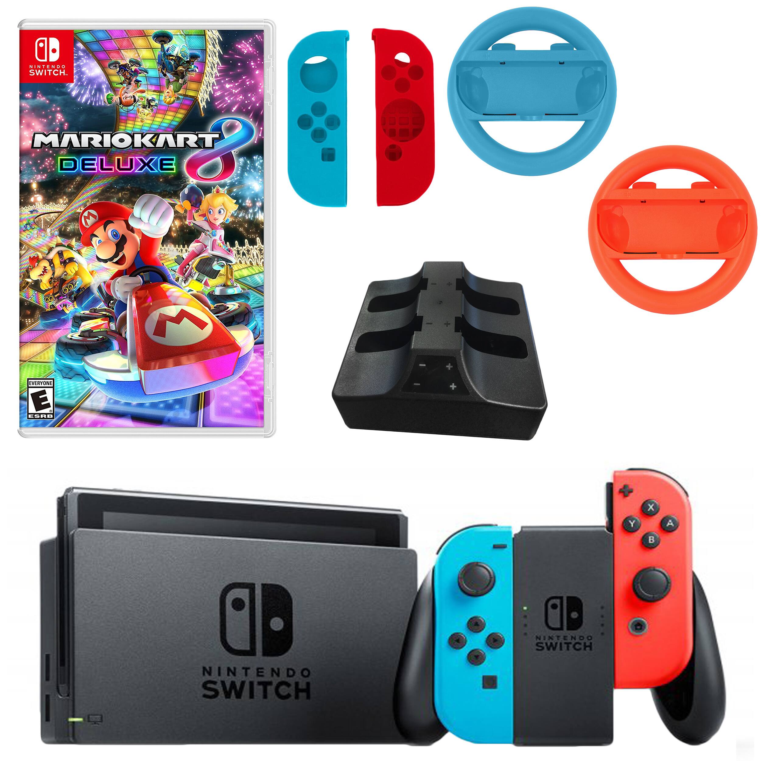 The image features a Nintendo Switch game console, which is accompanied by a game cartridge for Mario Kart Deluxe 8. The console is displayed in the upper left section of the image, while the game cartridge is located in the middle-left area. There are also two Nintendo Switch controllers, one in the upper right corner and the other in the lower right corner. Additionally, there is a book about the Nintendo Switch in the lower-left section of the image.