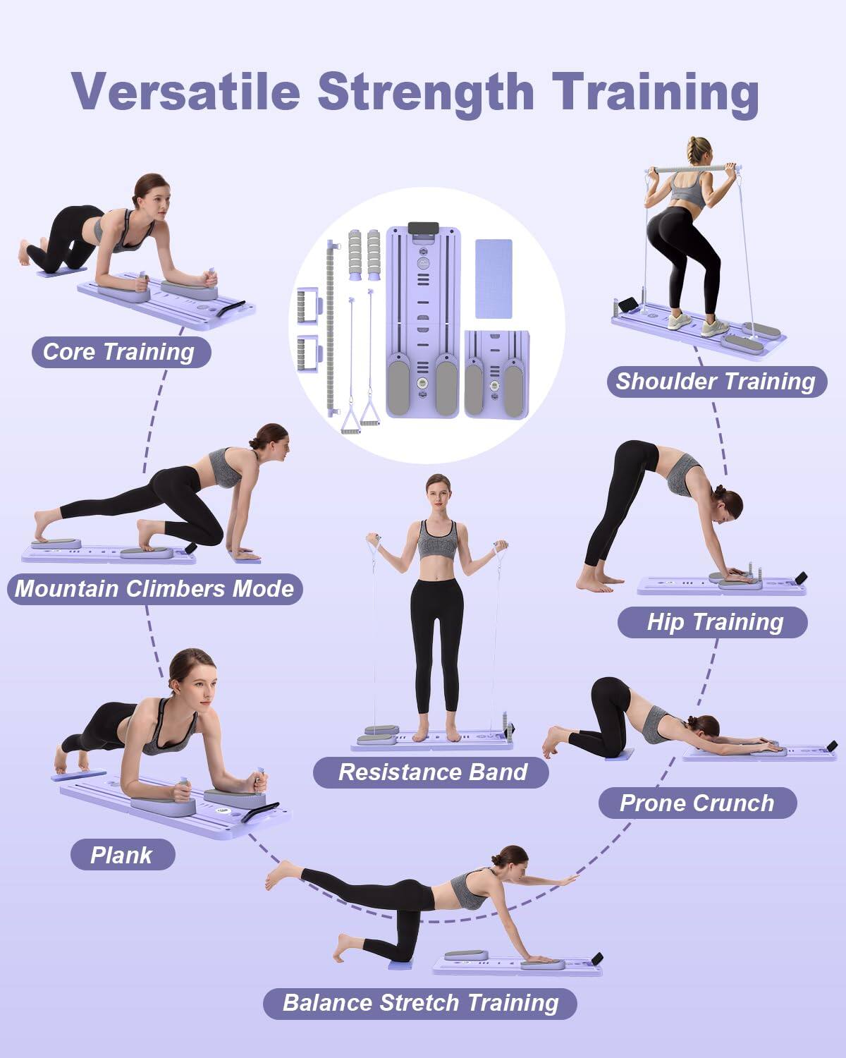 Versatile Strength Training

- Core Training
- Mountain Climbers Mode
- Plank
- Balance Stretch Training
- Resistance Band
- Prone Crunch
- Hip Training
- Shoulder Training