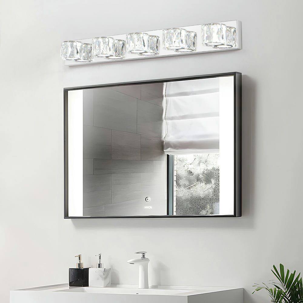 Alt View 10. Kadyn - 35" Modern Crystal 5-Light LED Wall Sconce – Elegant Chrome Bathroom Vanity Light with Clear Crystal Shades, Chrome - Silver.