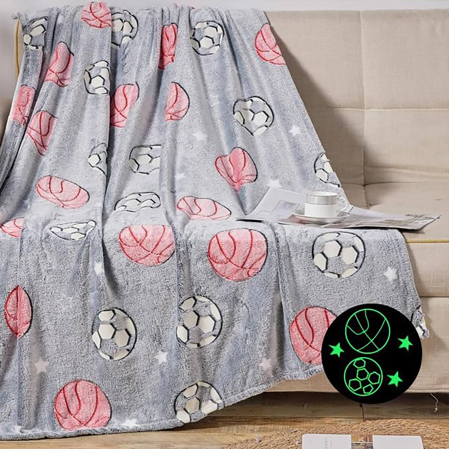 Alt View 3. Noble House - Plazatex All Star Soft & Cozy Glow in the Dark Throw Blanket Ideal for Bedroom & Living Room Decor 50"x60" Grey - Grey.