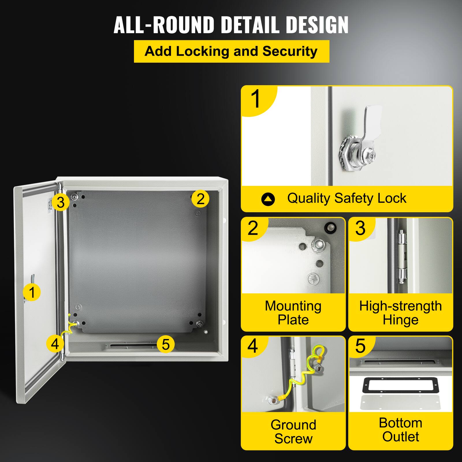 ALL-ROUND DETAIL DESIGN  
Add Locking and Security  

1. Quality Safety Lock  
2. Mounting Plate  
3. High-strength Hinge  
4. Ground Screw  
5. Bottom Outlet