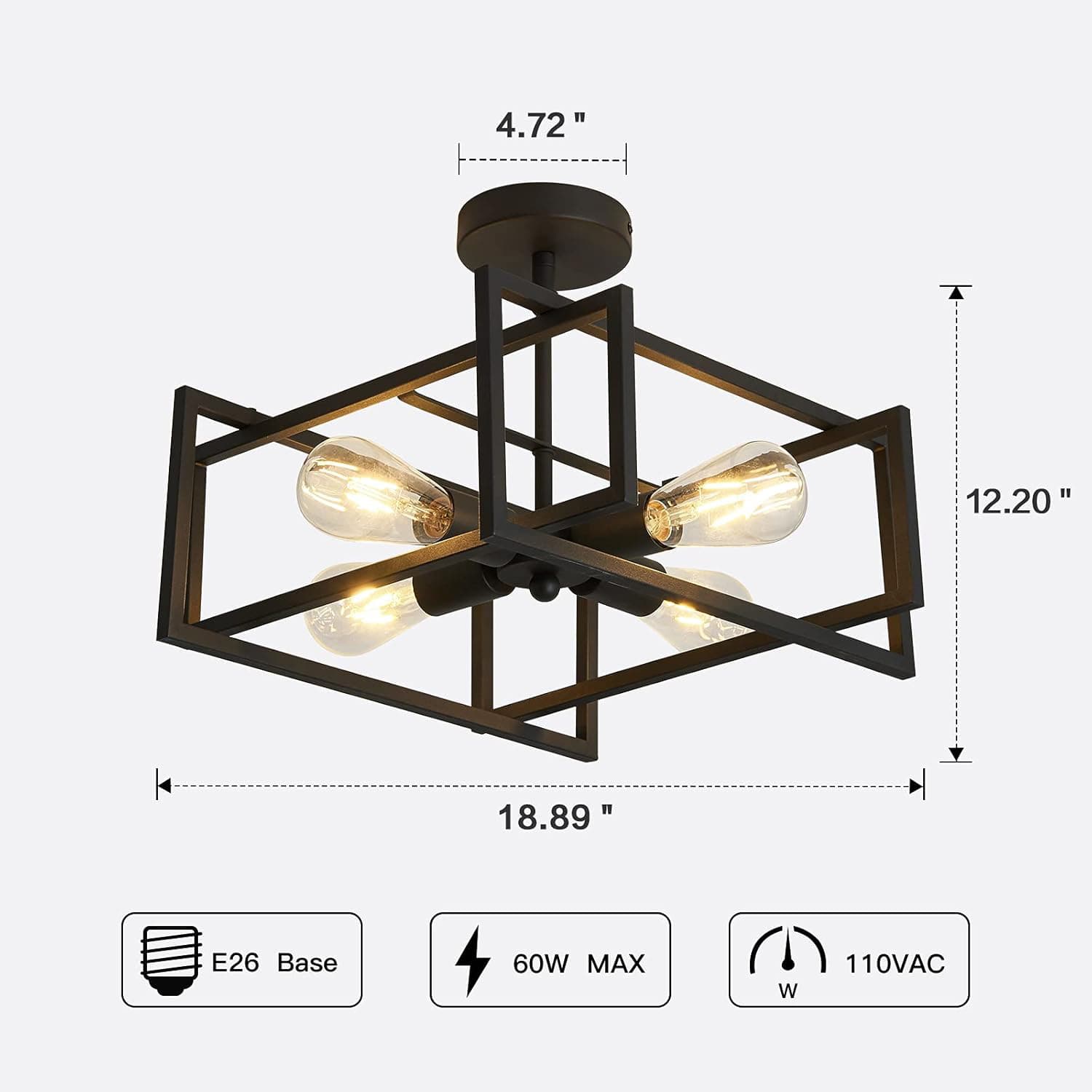 4.72"  
12.20"  
18.89"  
E26 Base  
60W MAX  
110VAC