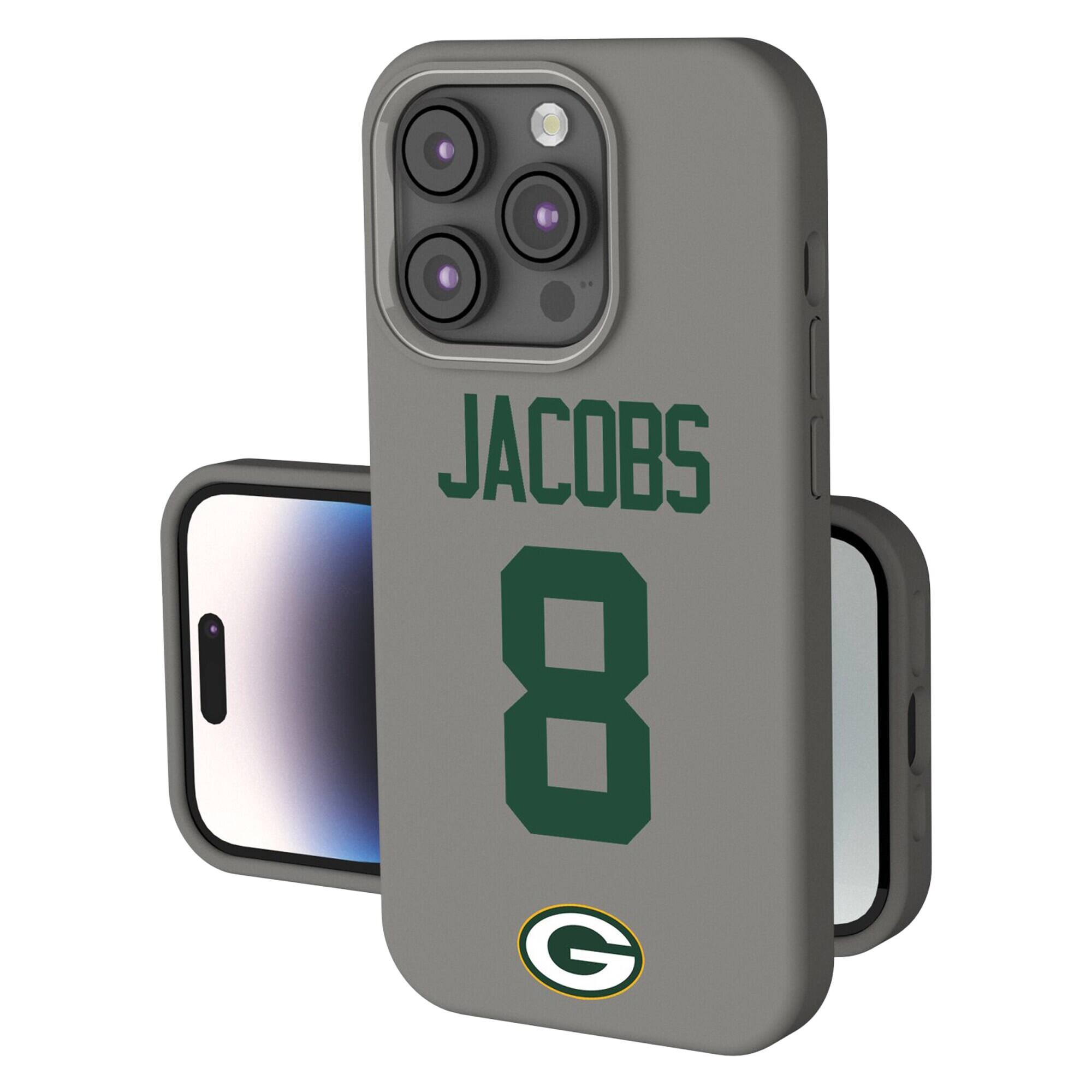 Front. Keyscaper - Josh Jacobs Gray Green Bay Packers Ready Soft Touch iPhone Case - 15 Pro - Gray.