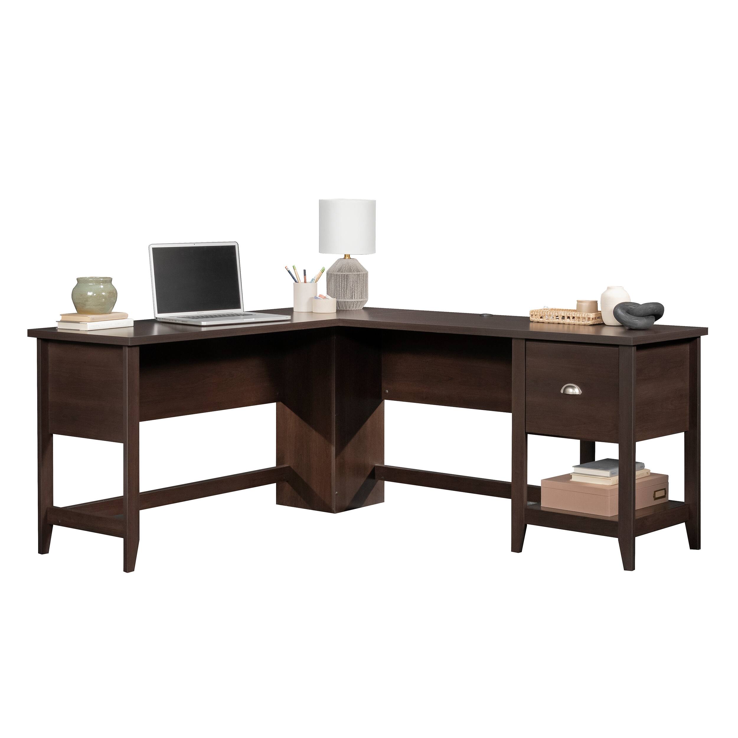 Angle. Spaco - 58x66" L-Shaped Computer Desk, 1in Thick, File Drawer and Shelf, Dual Grommets - Brown.