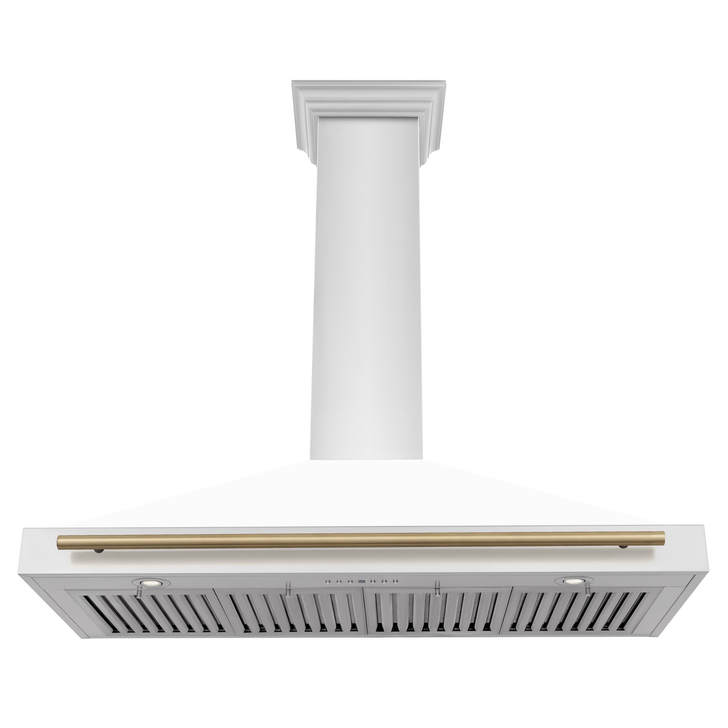 Angle. ZLINE - ZLINE 48 in. Autograph Edition Convertible Stainless Steel Range Hood with White Matte Shell and Champagne Accents - White Matte.