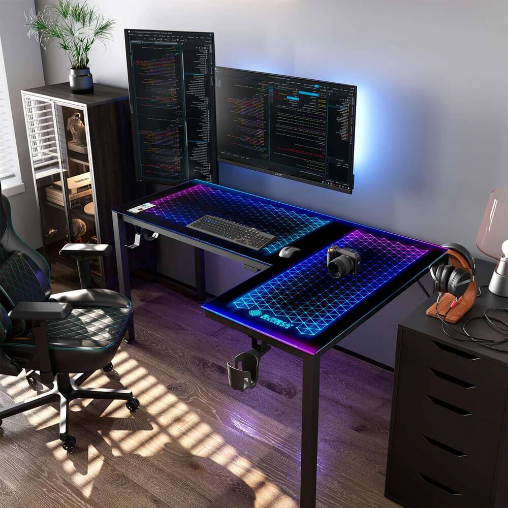 Alt View 1. Eureka Ergonomic - L-Shaped Glass RGB Gaming Desk - Black.