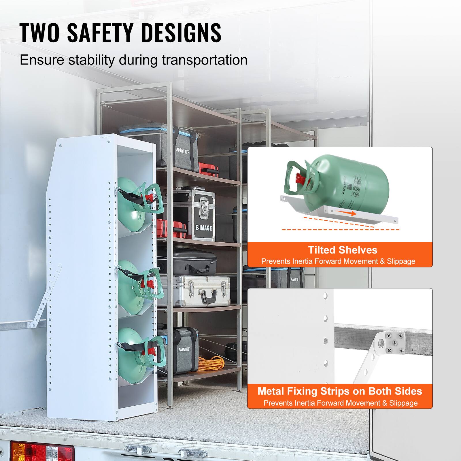 TWO SAFETY DESIGNS  
Ensure stability during transportation

- Tilted Shelves  
Prevents Inertia Forward Movement & Slippage

- Metal Fixing Strips on Both Sides  
Prevents Inertia Forward Movement & Slippage