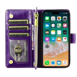 Kitcheniva - PU Leather Phone Wallet Zipper With Tempered Glass For iPhone 16 Pro Max - Dark Purple