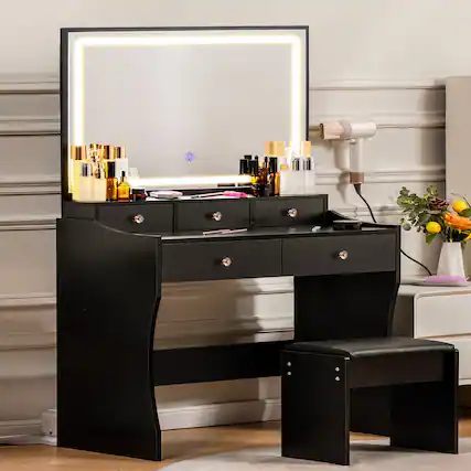 Front. CloudRest Pro - Makeup Vanity Desk with 5 Drawers and Charging Station Vanity Table and Chair LED Mirror Stepless Dimmable,Black - Black.
