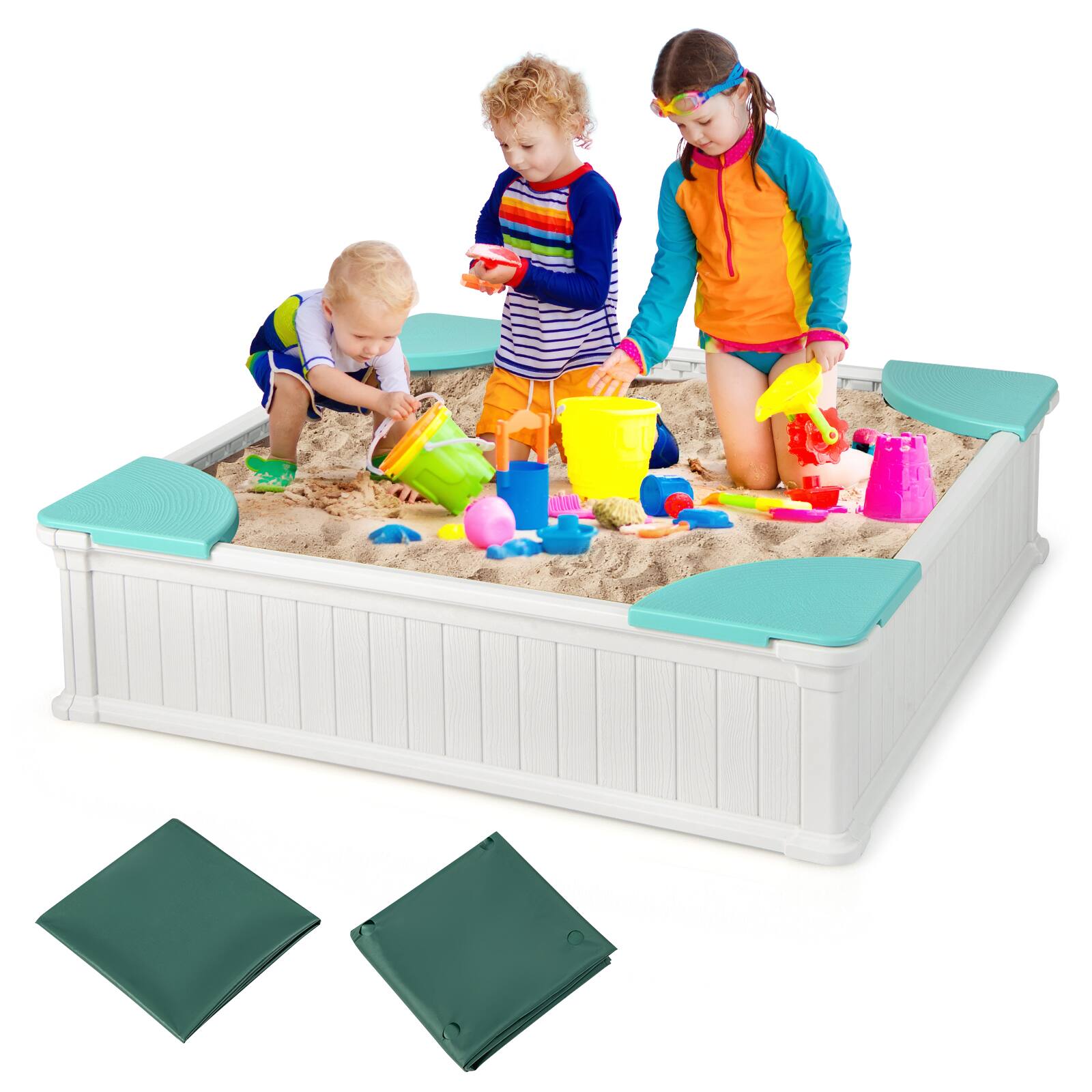 Alt View 8. Costway - Costway Kids Outdoor Sandbox 48.5" x 48.5" x 12.5" Large HDPE Sandpit with Oxford Cover - White.