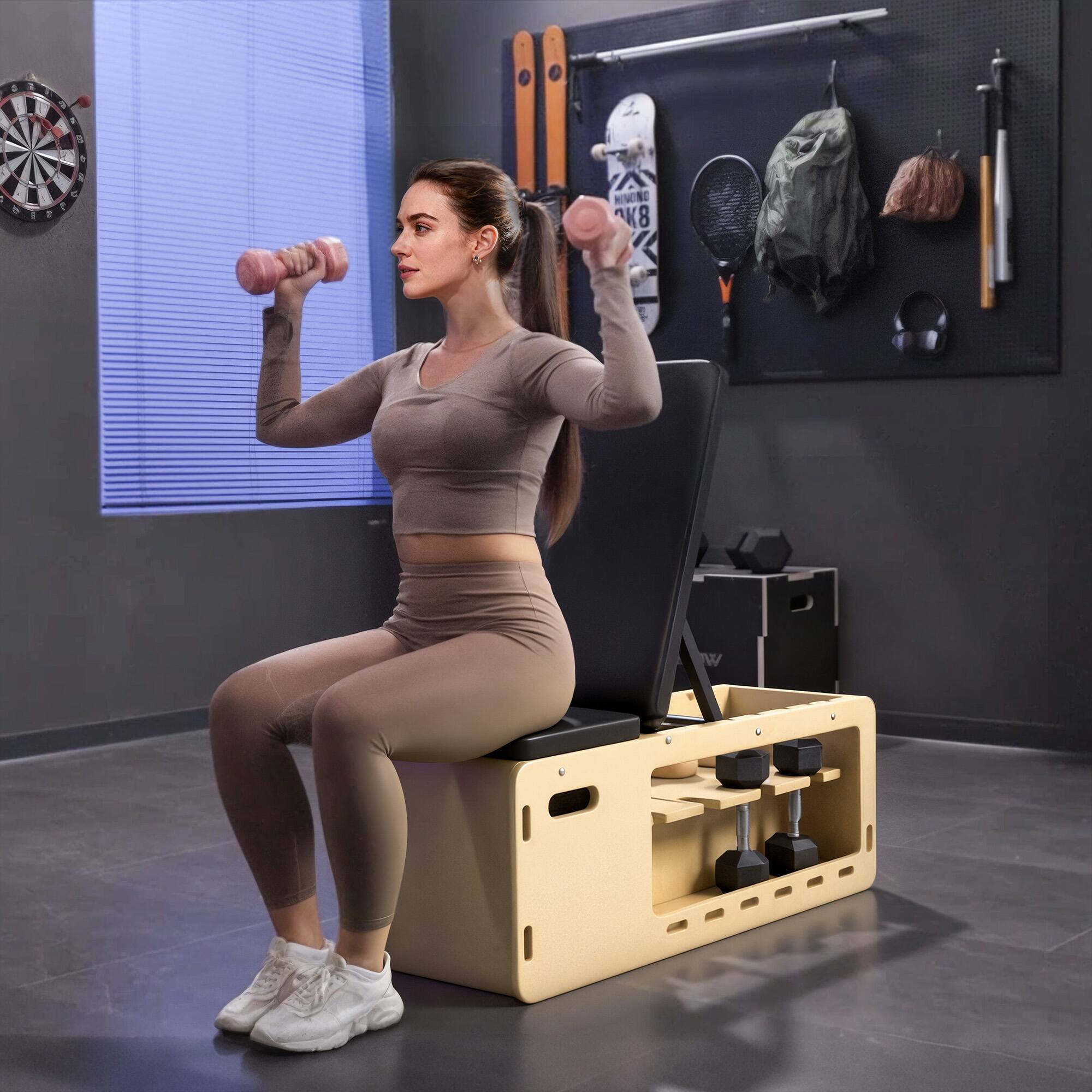 Alt View 8. Soozier - Adjustable Weight Bench, Workout Bench with Storage Rack Resistance Rope, Incline Bench Weight Lifting Equipment - Natural wood finish.