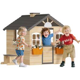Outsunny - Wooden Playhouse, Adventures Cottage, Working Door, Windows, Bench, Flowers Pot Holder, 3-7 Years Old