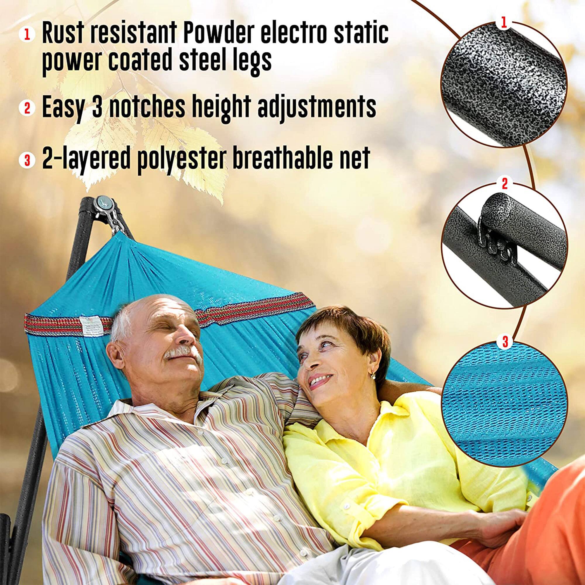 1. Rust resistant Powder electro static power coated steel legs  
2. Easy 3 notches height adjustments  
3. 2-layered polyester breathable net