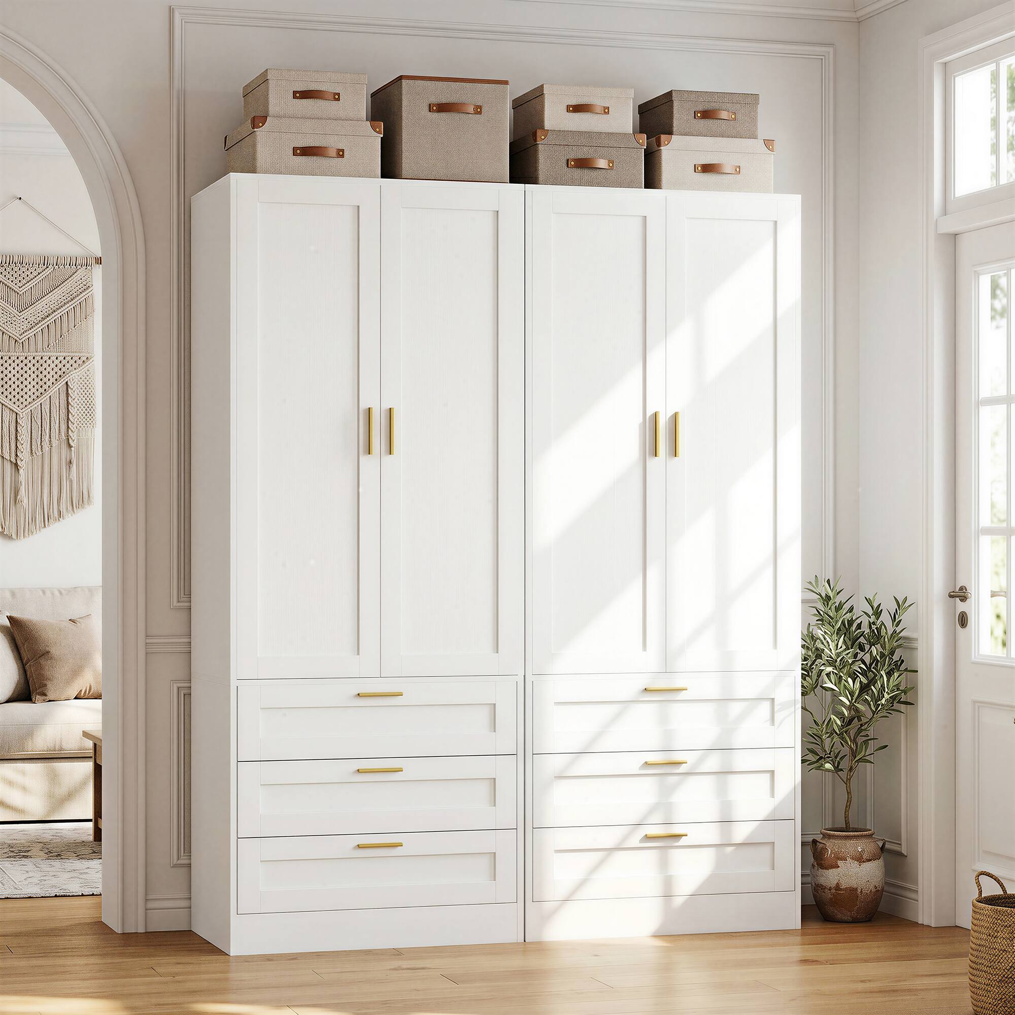 Angle. Aheaplus - 71" Tall Armoire Wardrobe with 3 Drawers, Doors, Hanging Rod, 20" Deep Storage with Soft-Close Hinges & Metal Handles - White.