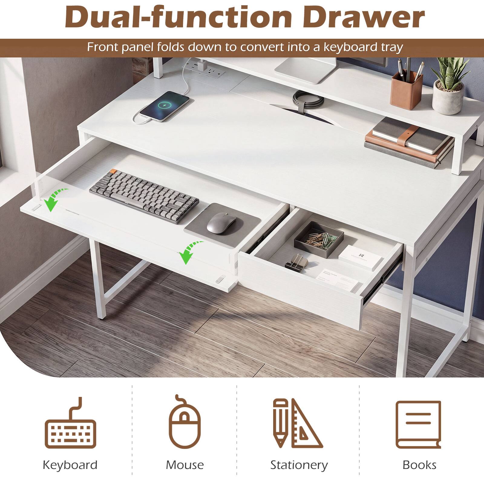 Dual-function Drawer  
Front panel folds down to convert into a keyboard tray  

Keyboard  
Mouse  
Stationery  
Books