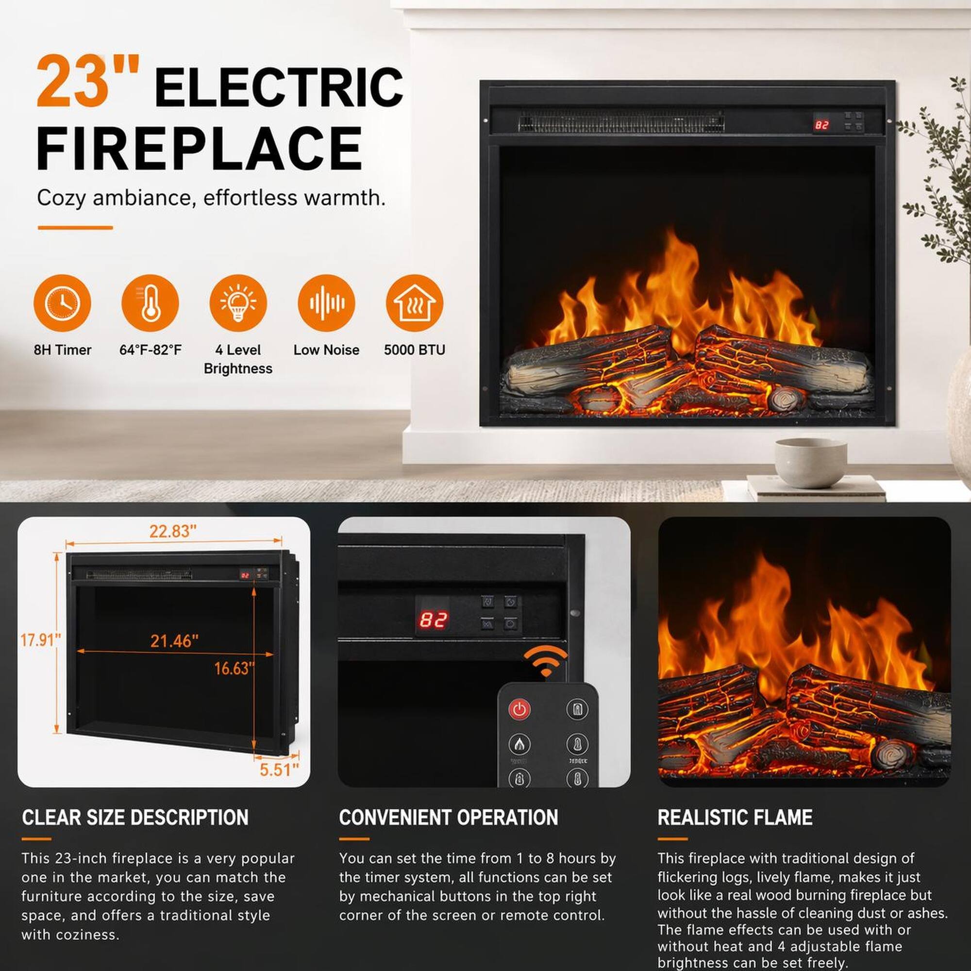 RYHNUYNE 23 Inch Electric Fireplace Insert – Ultra Thin Heater with Log ...