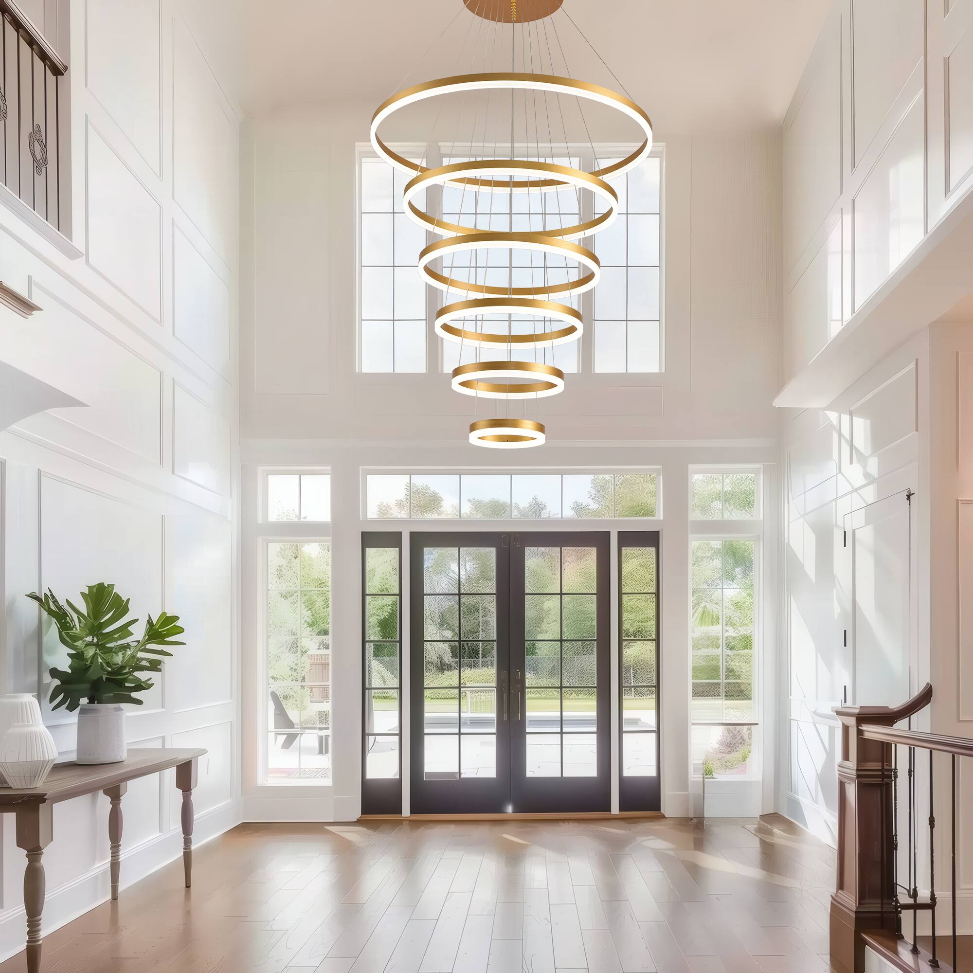 Alt View 2. RYHNUYNE - Modern 6-Ring LED Chandelier for High Ceilings Large Adjustable Pendant Light with Remote Control Dimmable - Gold.