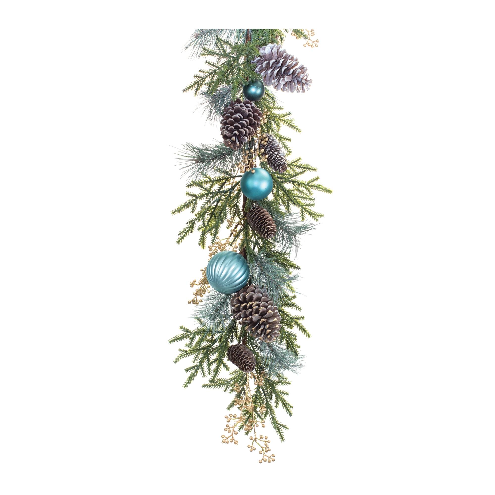 BreeBe - Decorated Holiday Pine Garland 6'L - Green, Blue