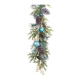 BreeBe - Decorated Holiday Pine Garland 6'L - Green, Blue