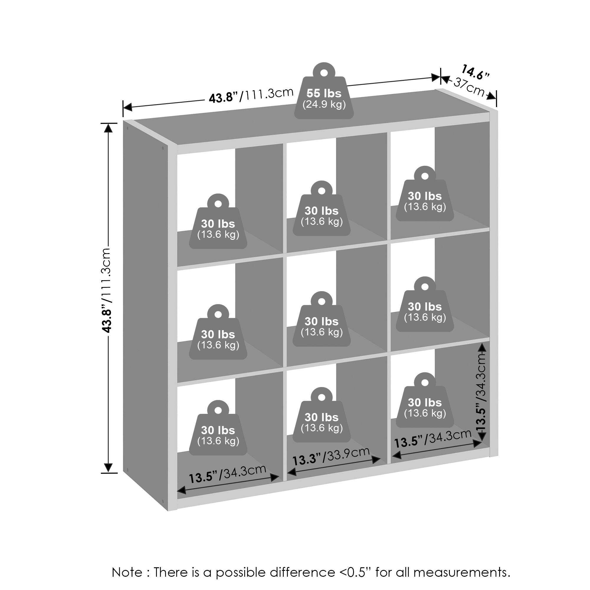43.8"/111.3cm  
55 lbs (24.9 kg)  
14.6"/37cm  
30 lbs (13.6 kg)  
13.5"/34.3cm  
13.3"/33.9cm  
Note: There is a possible difference <0.5" for all measurements.