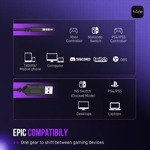 fifine Xbox Nintendo PS4/PS5 Controller Switch Controller Tablets/Computer Mobile phone DISCORD twitch OBS NS Switch (Docked Mode) PS4/PS5 Desktops Laptops EPIC COMPATIBILITY One gear to shift between gaming devices