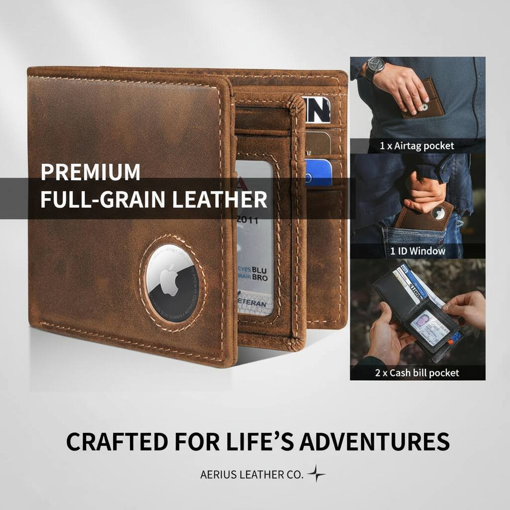 PREMIUM FULL-GRAIN LEATHER

1 x Airtag pocket  
1 ID Window  
2 x Cash bill pocket  

CRAFTED FOR LIFE'S ADVENTURES  

AERIUS LEATHER CO.