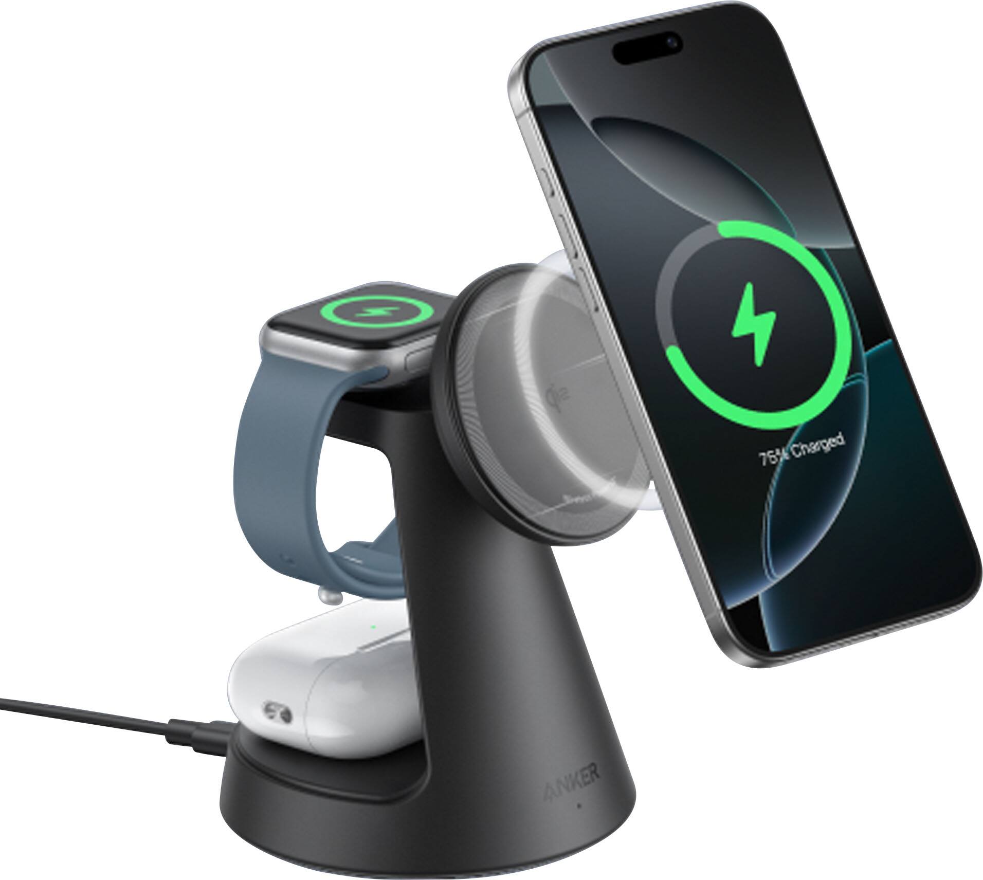 The image shows a phone charging station with a phone plugged into it. The phone is charging at 75% capacity. The charging station is made by Anker.