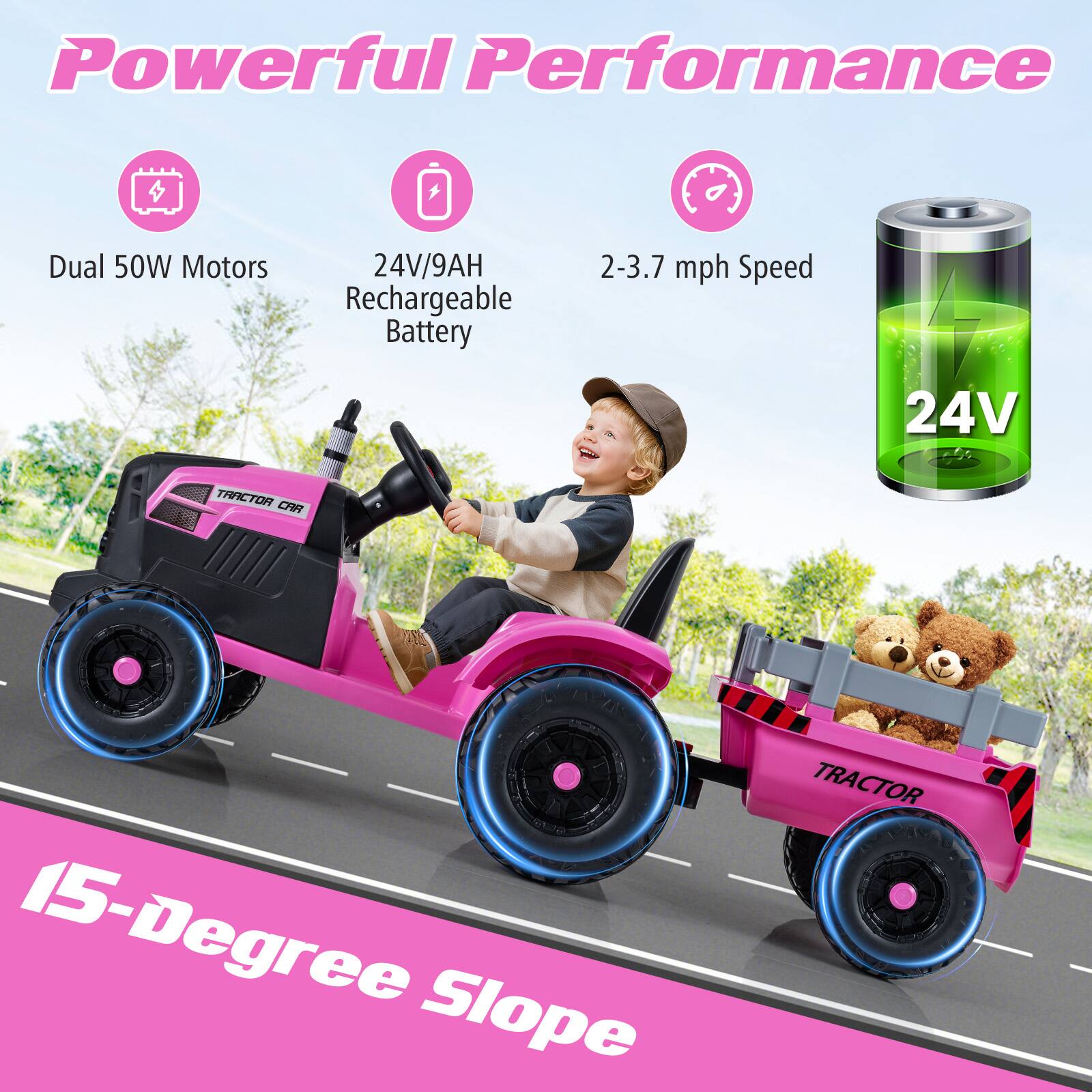 Powerful Performance

- Dual 50W Motors
- 24V/9AH Rechargeable Battery
- 2-3.7 mph Speed
- 15-Degree Slope

24V