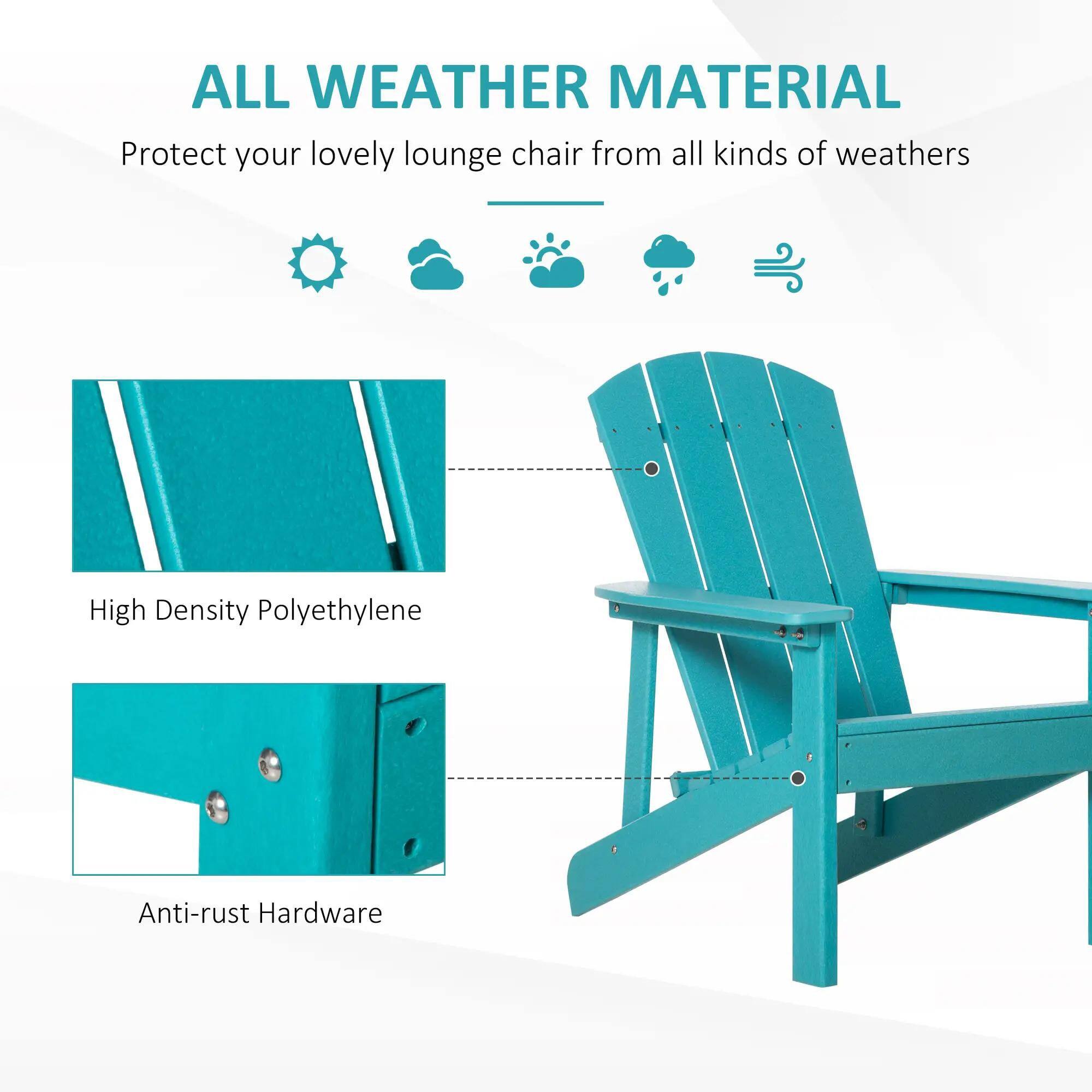 ALL WEATHER MATERIAL

Protect your lovely lounge chair from all kinds of weathers

- High Density Polyethylene
- Anti-rust Hardware