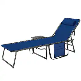 Resenkos - Folding Outdoor Chaise Lounge Chair Tanning Chair With 5-Level Adjustable Back, Pocket - Dark Blue