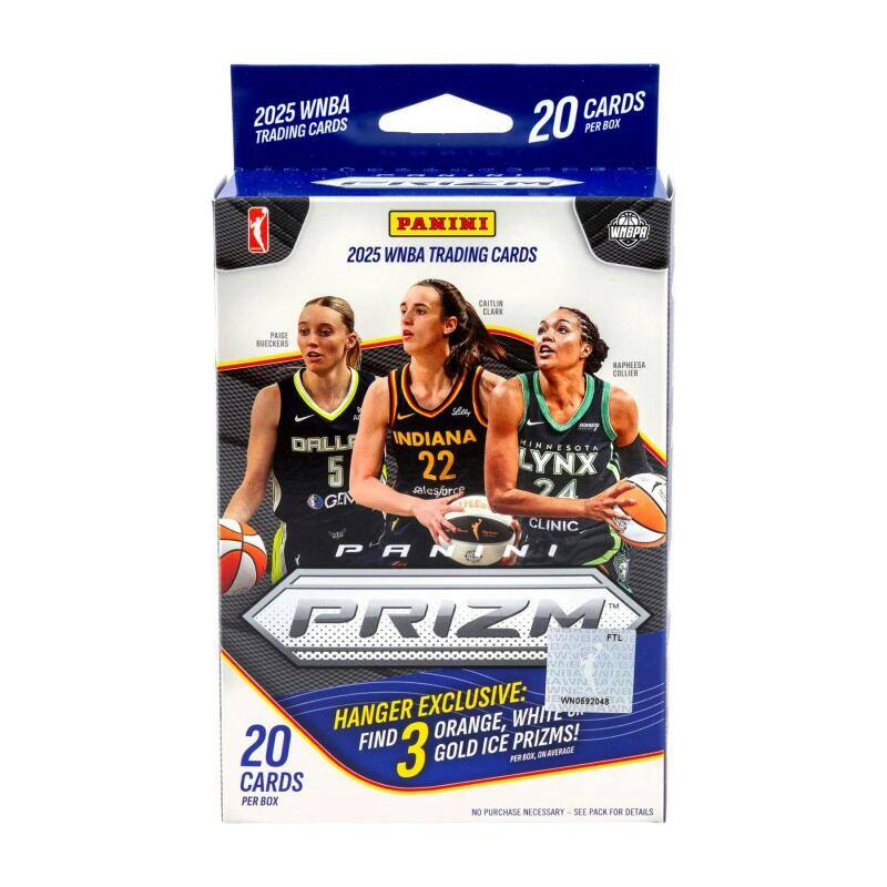 2025 WNBA TRADING CARDS  
20 CARDS PER BOX  
PANINI 2025 WNBA TRADING CARDS  
WNBPA  
CAITLIN CLARK  
PAISE BUECKERS  
NAPHEESA COLLIER  
Lay DALLAS INDIANA MINNESOTA 5 22  
salesforce 24 GEN CLINIC  
PANINI  
PRIZM FTL AWN HANGER EXCLUSIVE: WHITE WN0592048  
20 FIND ORANGE, ICE PRIZMS!  
3 GOLD PER BOX, ON AVERAGE  
CARDS PER BOX  
NO PURCHASE NECESSARY - SEE PACK FOR DETAILS