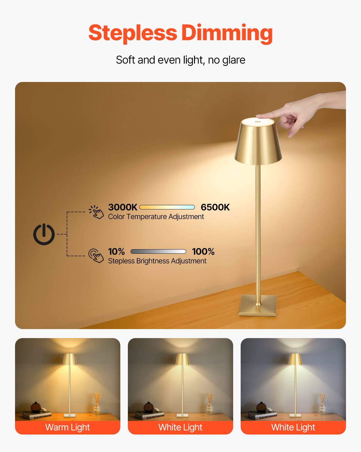 Stepless Dimming  
Soft and even light, no glare  

3000K - 6500K Color Temperature Adjustment  
10% - 100% Stepless Brightness Adjustment  

Warm Light  
White Light  
White Light