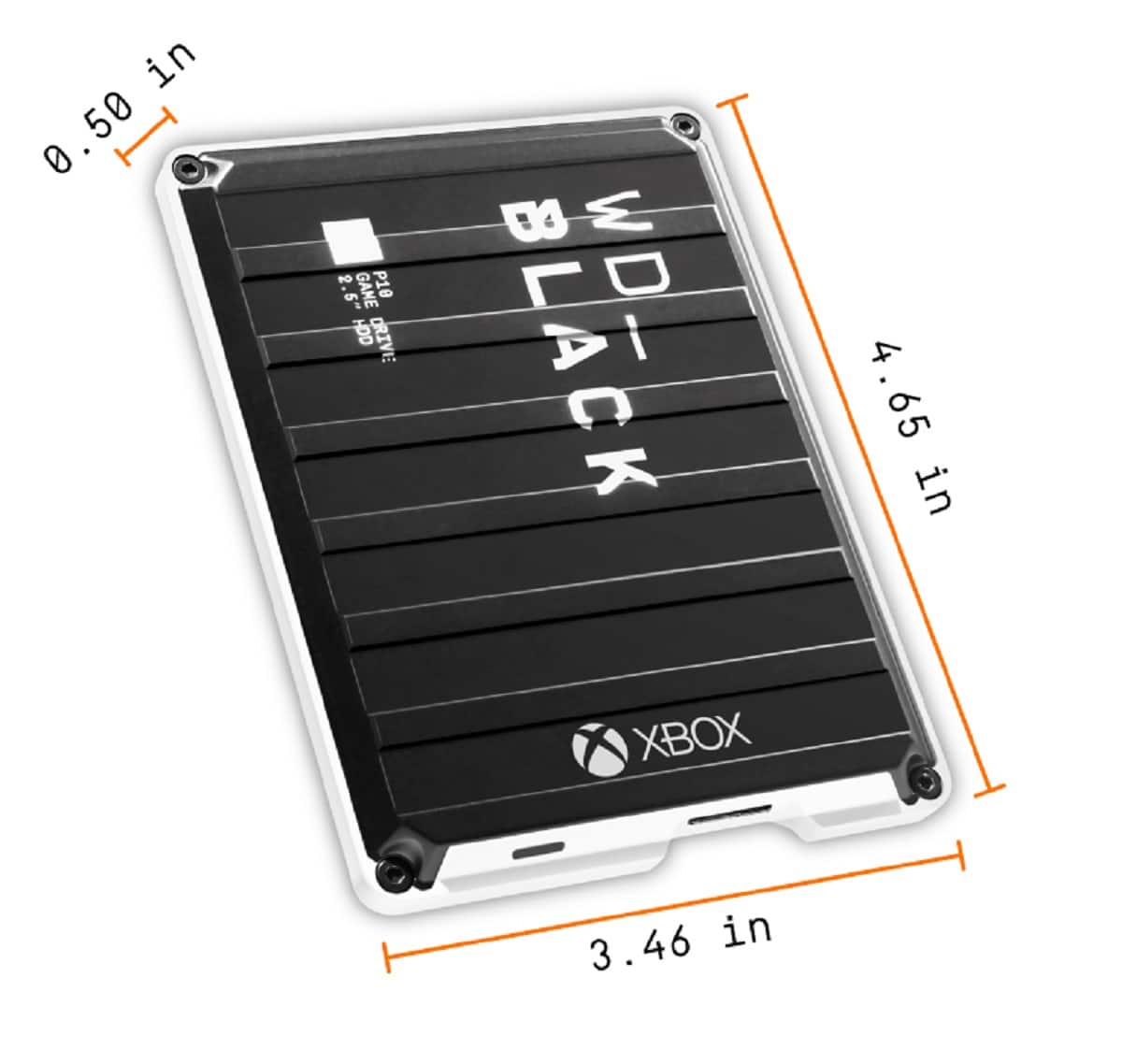 Angle. WD - BLACK P10 Game Drive for Xbox 2TB External USB 3.2 Gen 1 Portable Hard Drive - Black With White Trim.