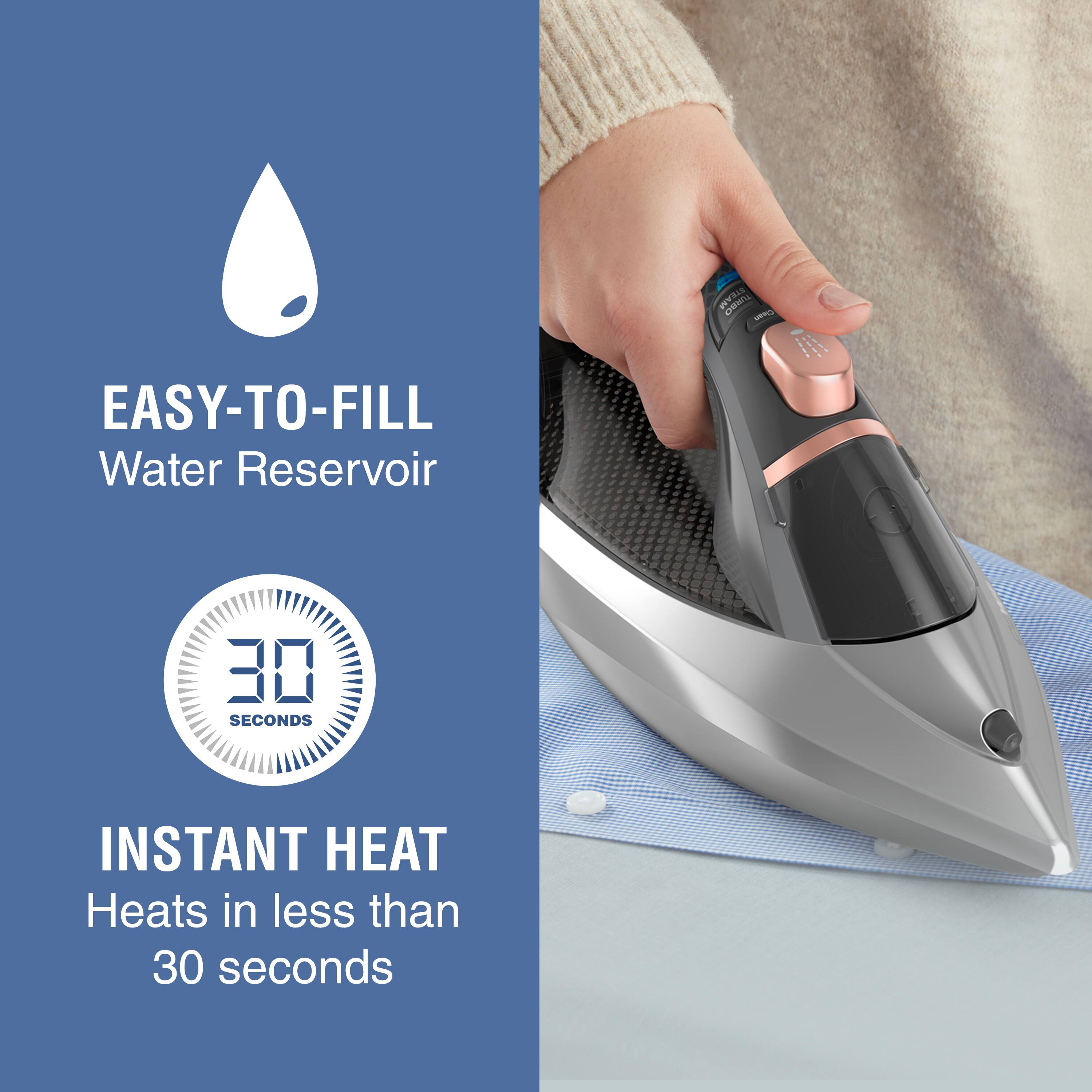 Easy-to-fill water reservoir, instant heat, and heats in less than 30 seconds.