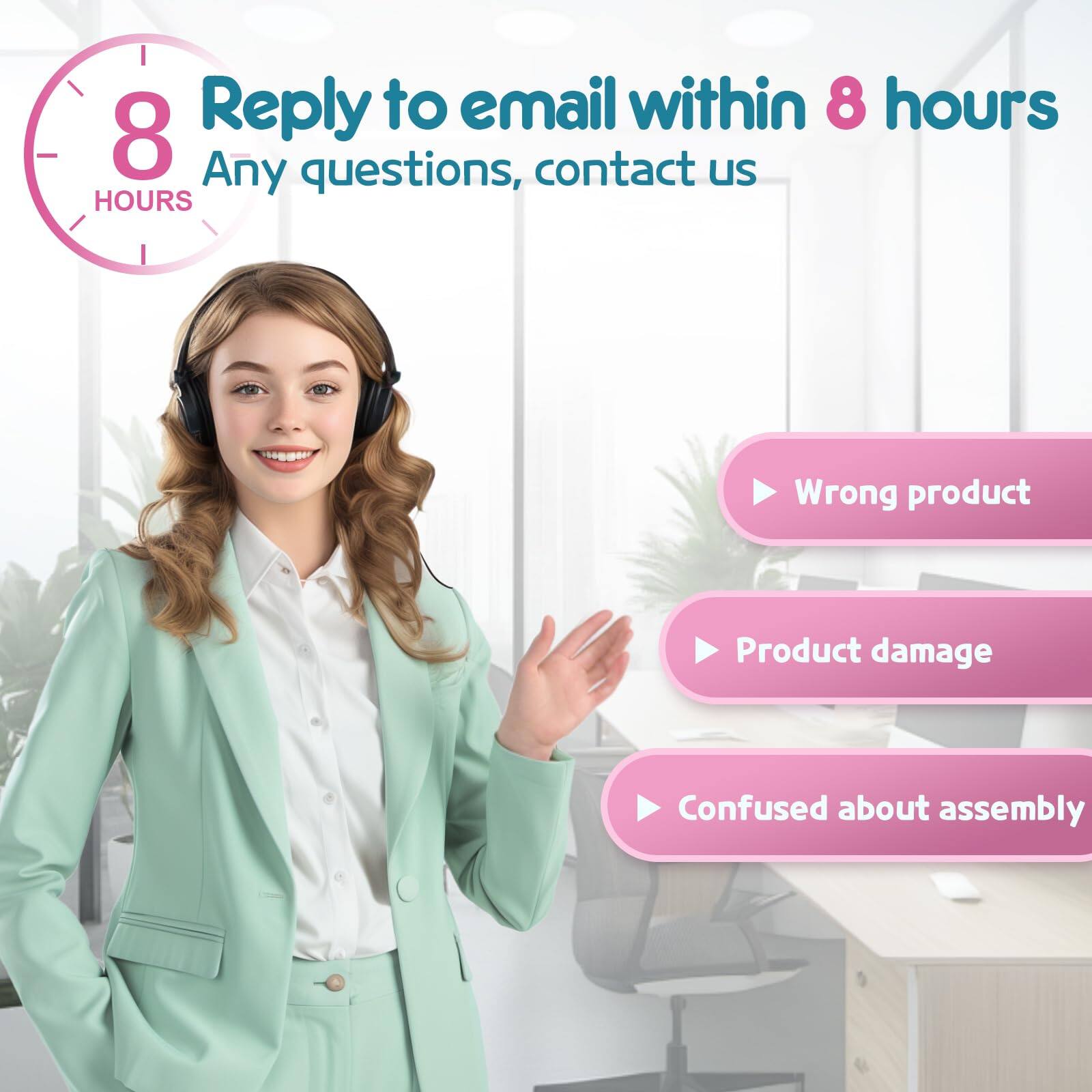 Reply to email within 8 hours  
Any questions, contact us  

Wrong product  
Product damage  
Confused about assembly