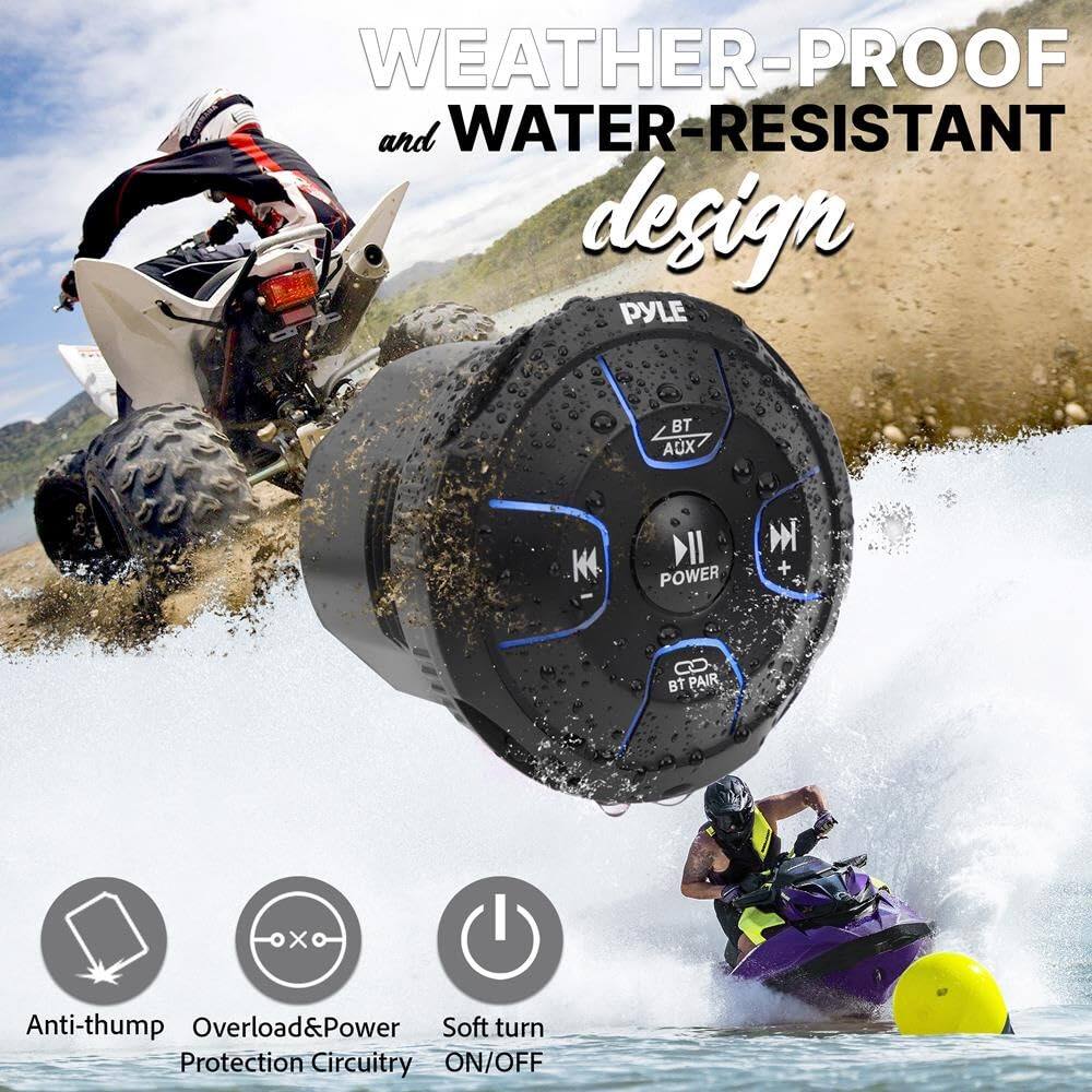 WEATHER-PROOF and WATER-RESISTANT design

PYLE BT AUX

Anti-thump Overload&Power Protection Circuitry

Soft turn ON/OFF