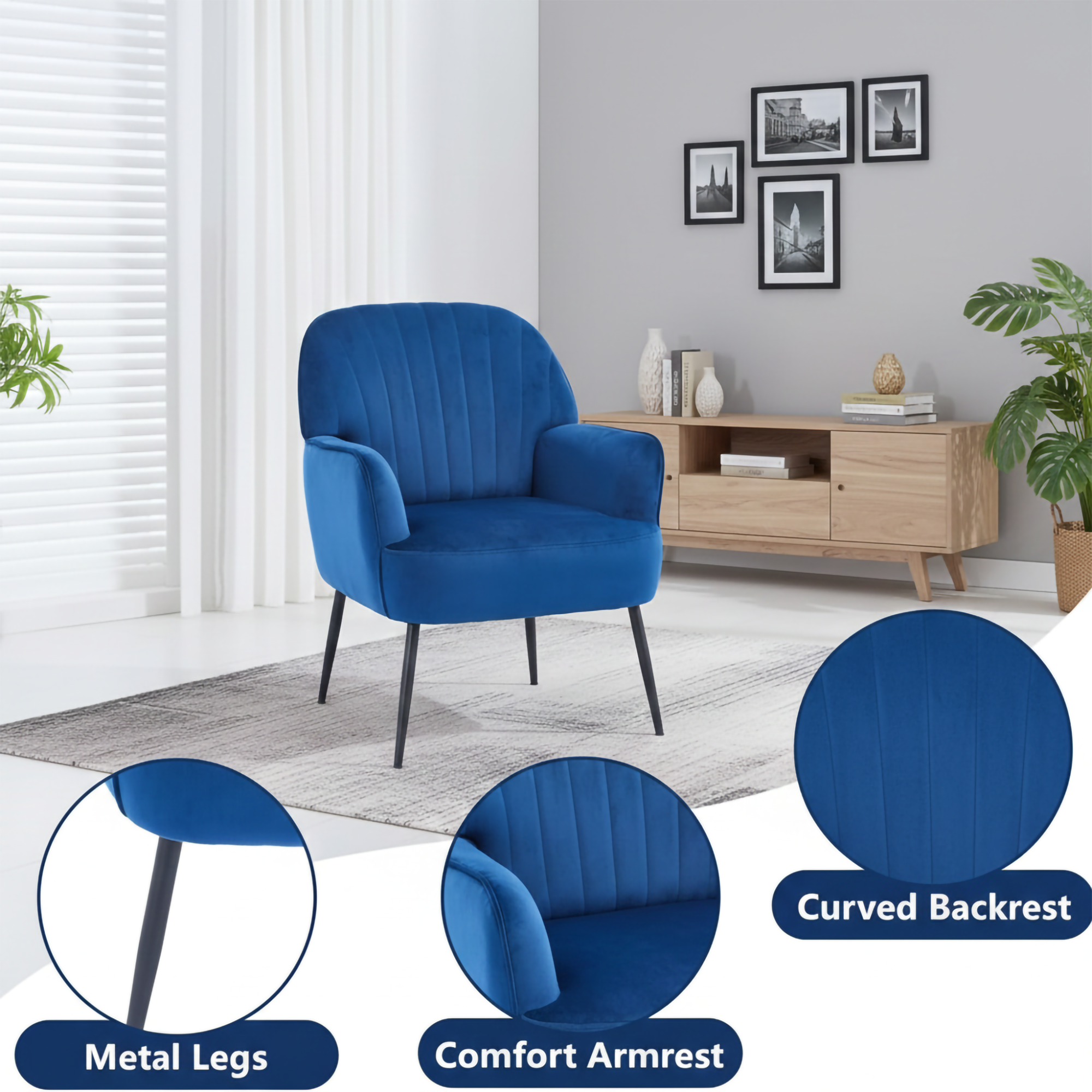 Curved Backrest  
Metal Legs  
Comfort Armrest